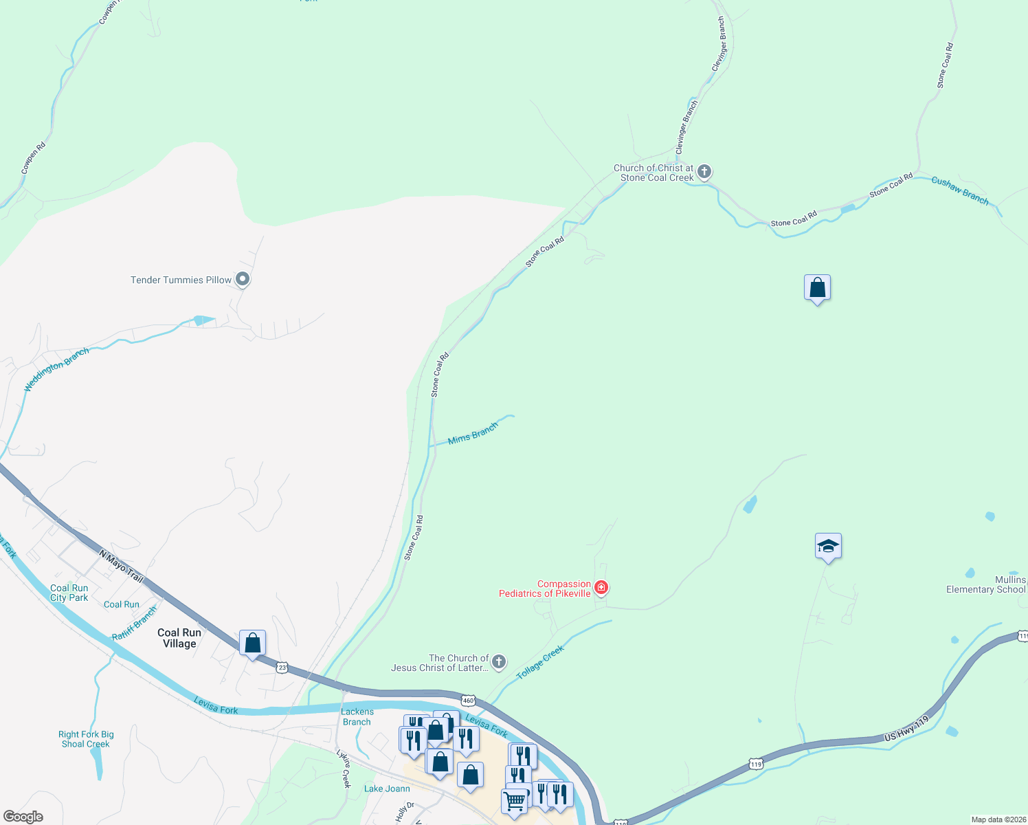 map of restaurants, bars, coffee shops, grocery stores, and more near 302 Mims Branch in Pikeville