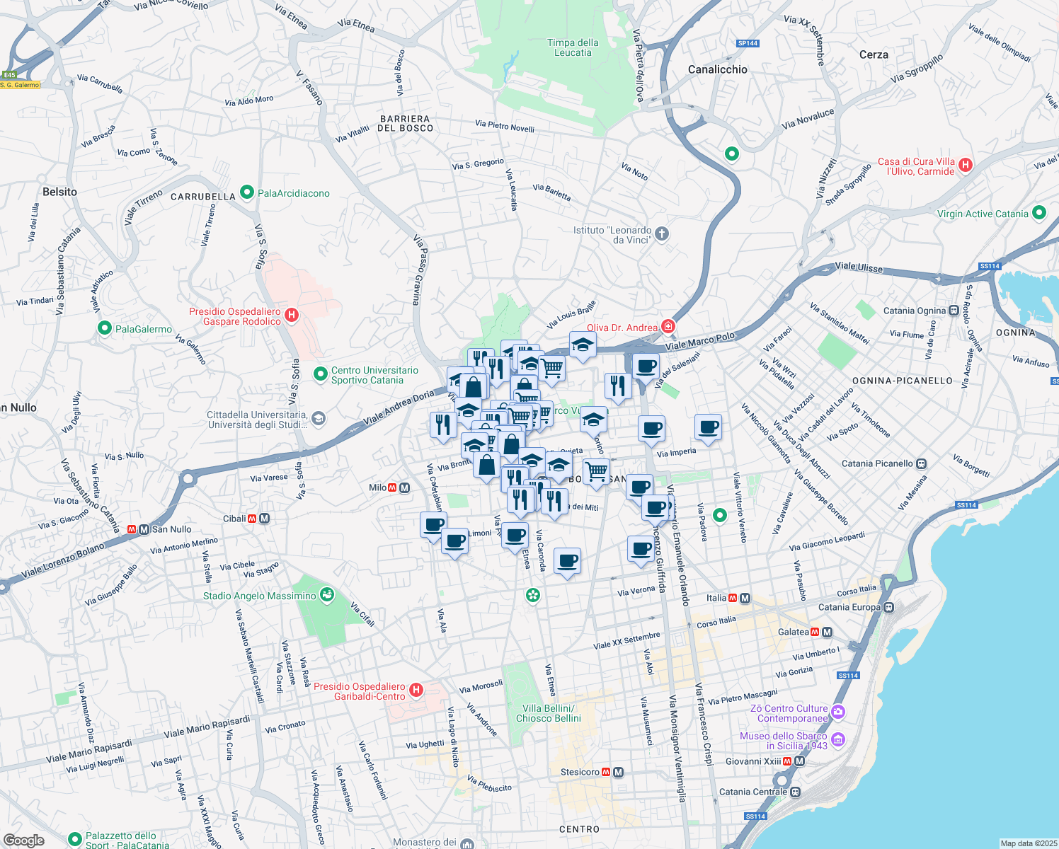 map of restaurants, bars, coffee shops, grocery stores, and more near 410 Via Caronda in Catania