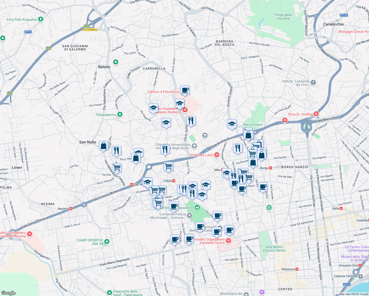 map of restaurants, bars, coffee shops, grocery stores, and more near 9 Via Giovan Filippo Ingrassia in Catania