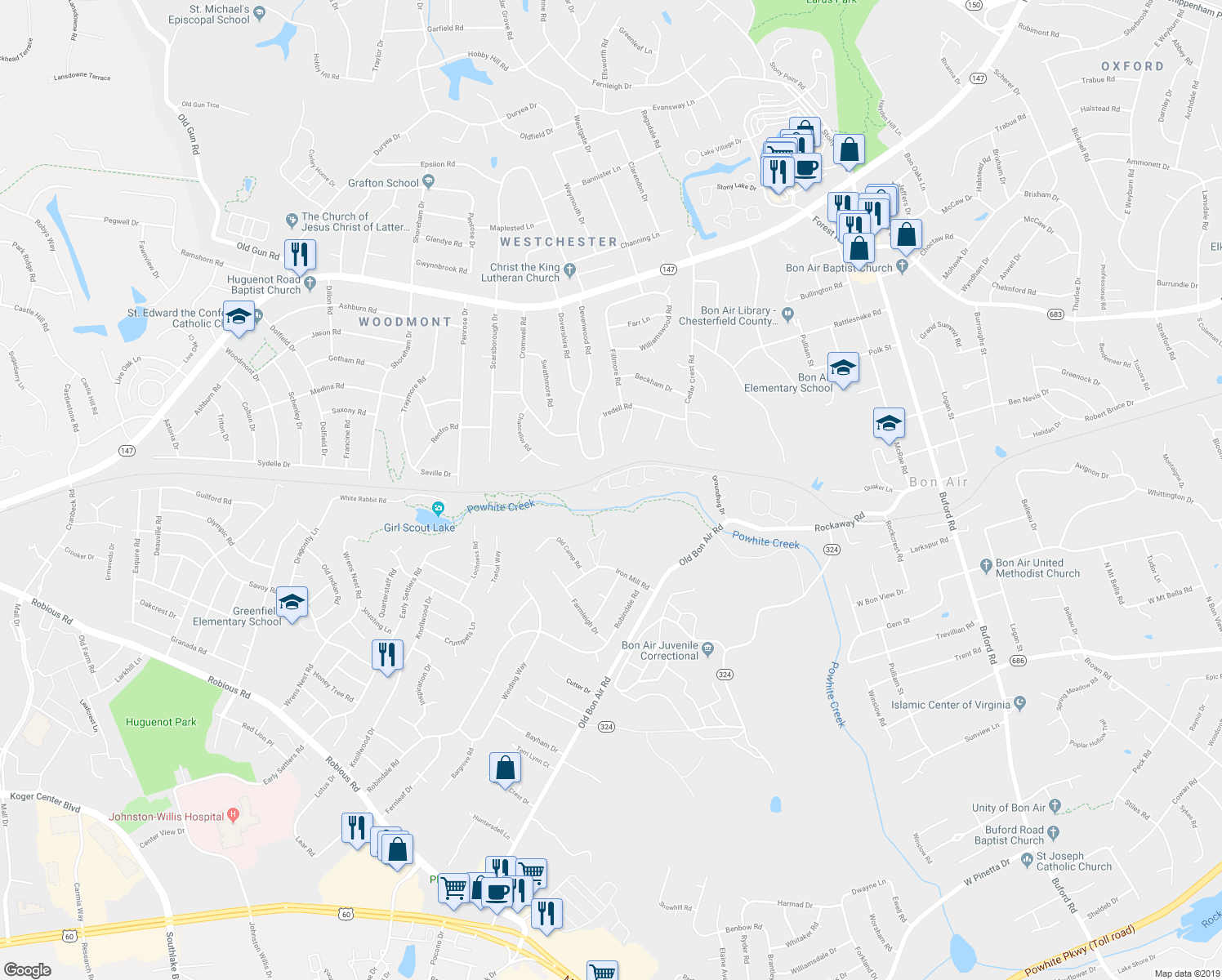 map of restaurants, bars, coffee shops, grocery stores, and more near 9833 Groundhog Drive in Richmond