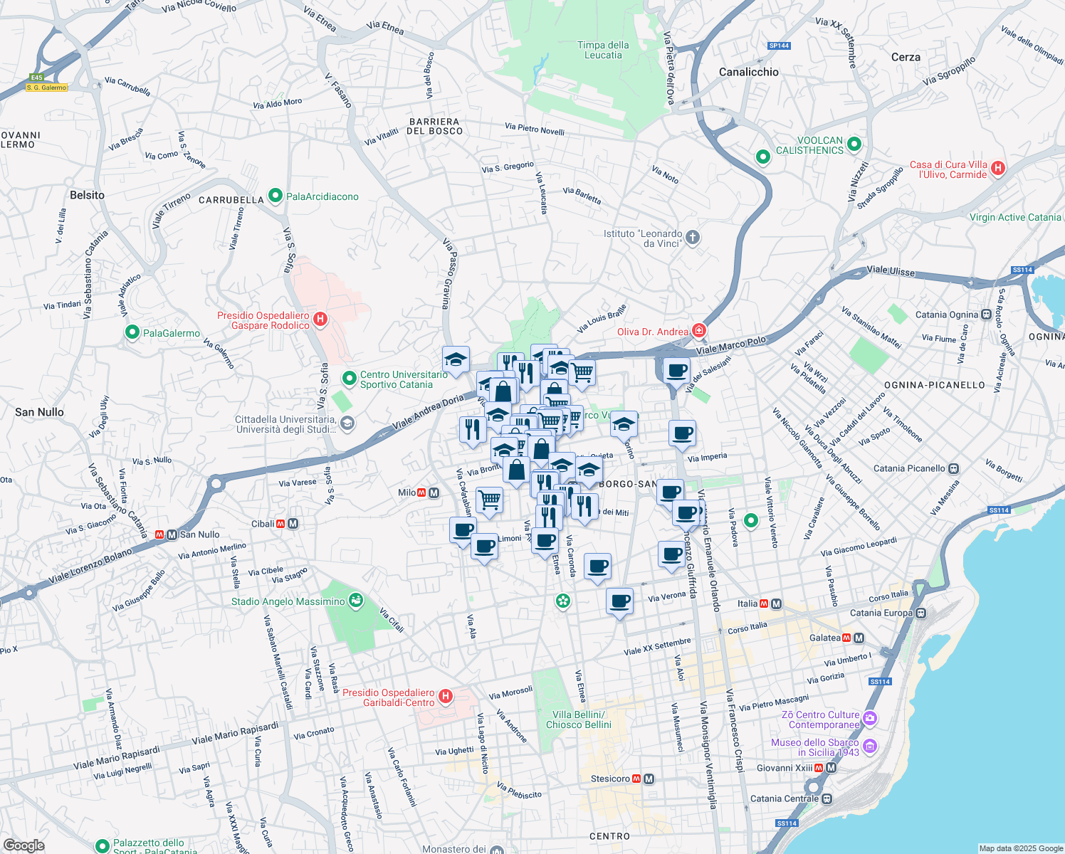 map of restaurants, bars, coffee shops, grocery stores, and more near 18 Via Ibla in Catania