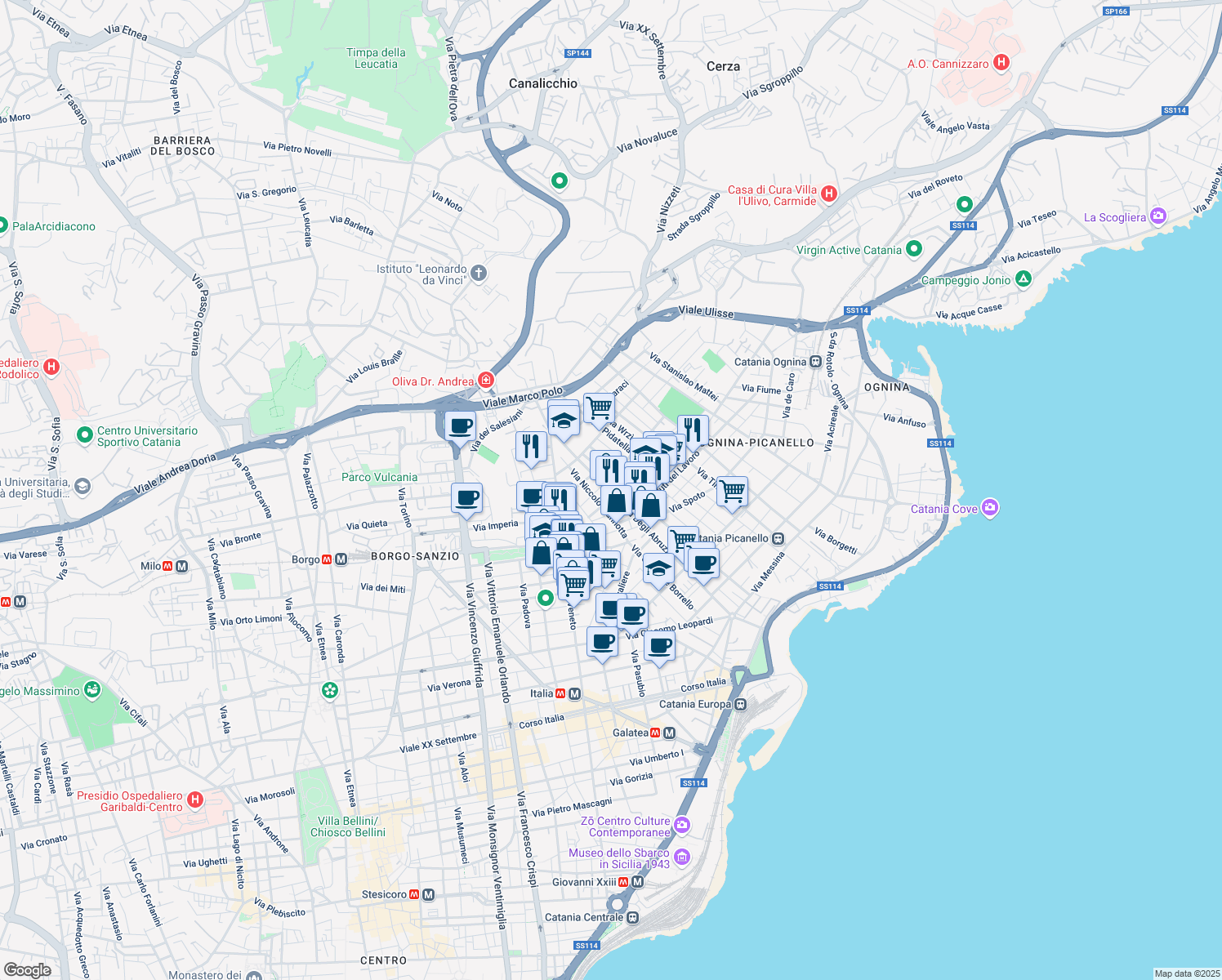 map of restaurants, bars, coffee shops, grocery stores, and more near 121 Via Duca degli Abruzzi in Catania