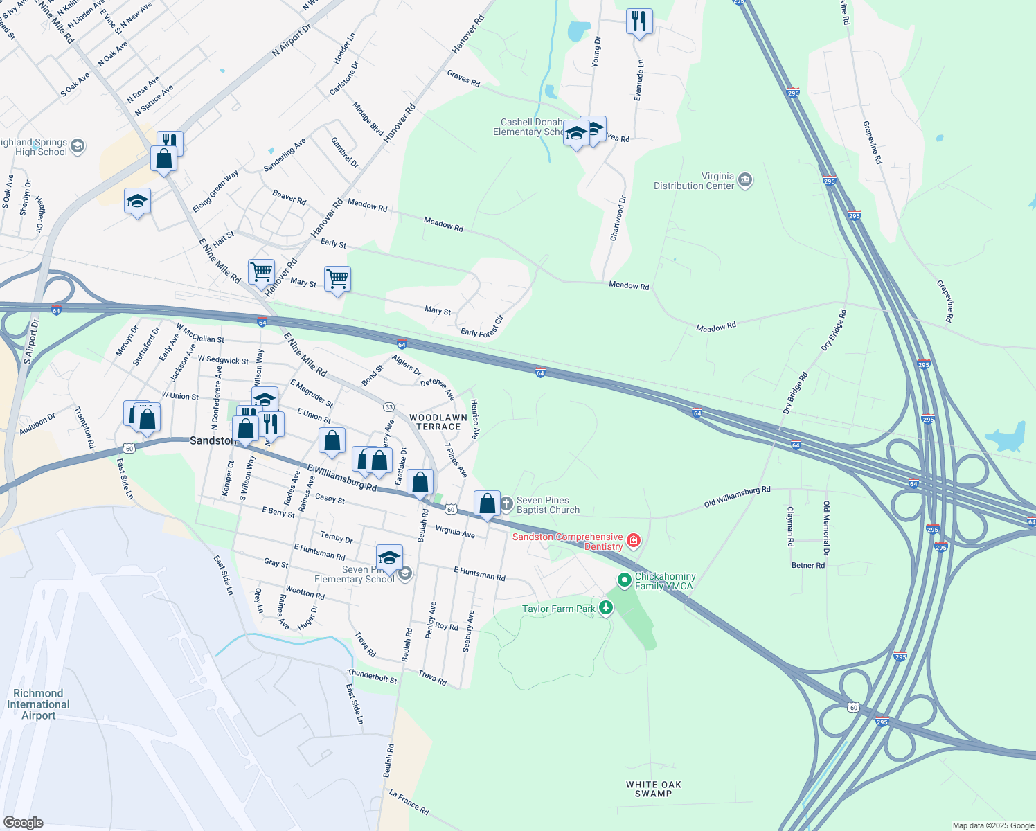 map of restaurants, bars, coffee shops, grocery stores, and more near 2136 Creekdale Court in Sandston