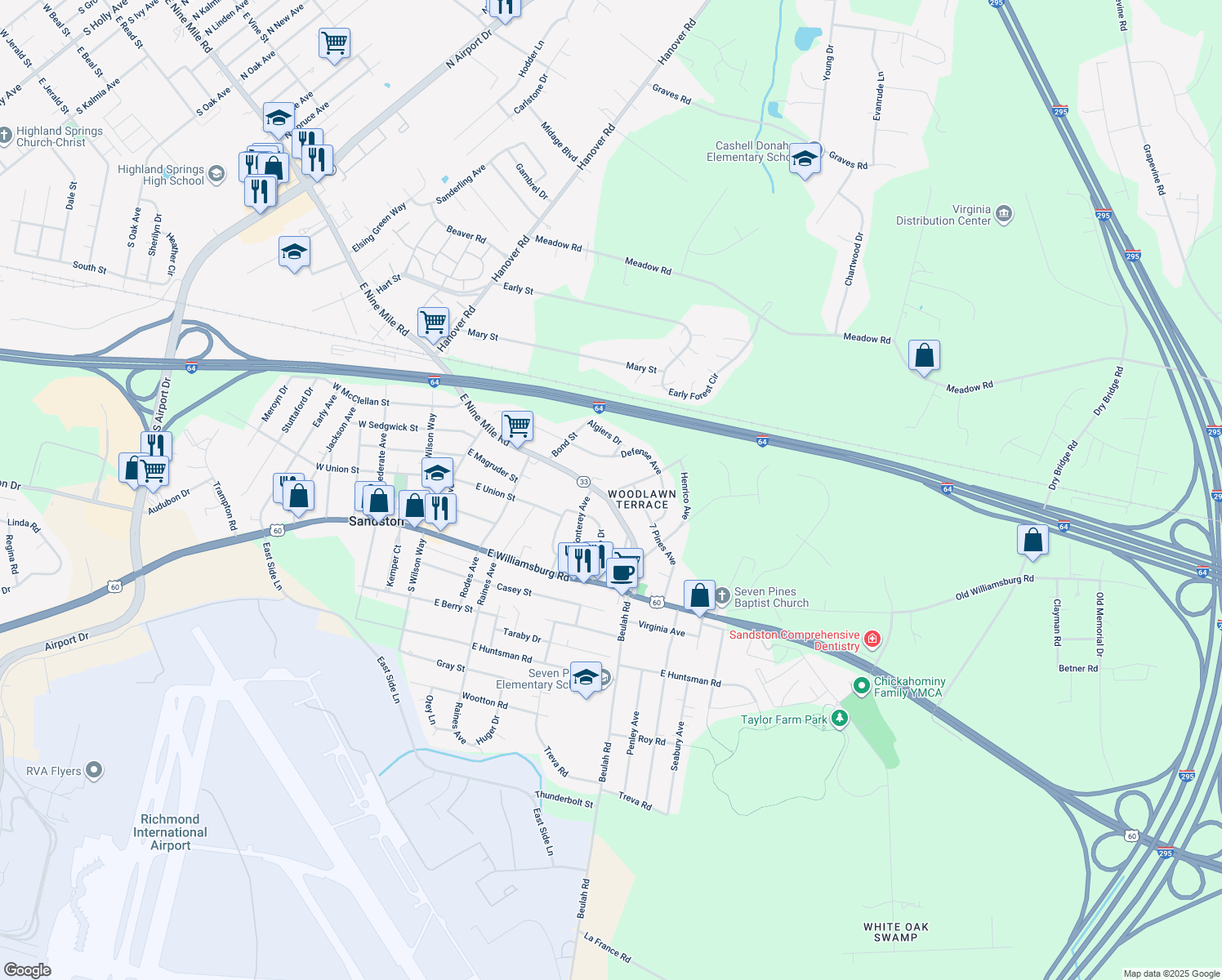 map of restaurants, bars, coffee shops, grocery stores, and more near 402 Dakar Drive in Sandston