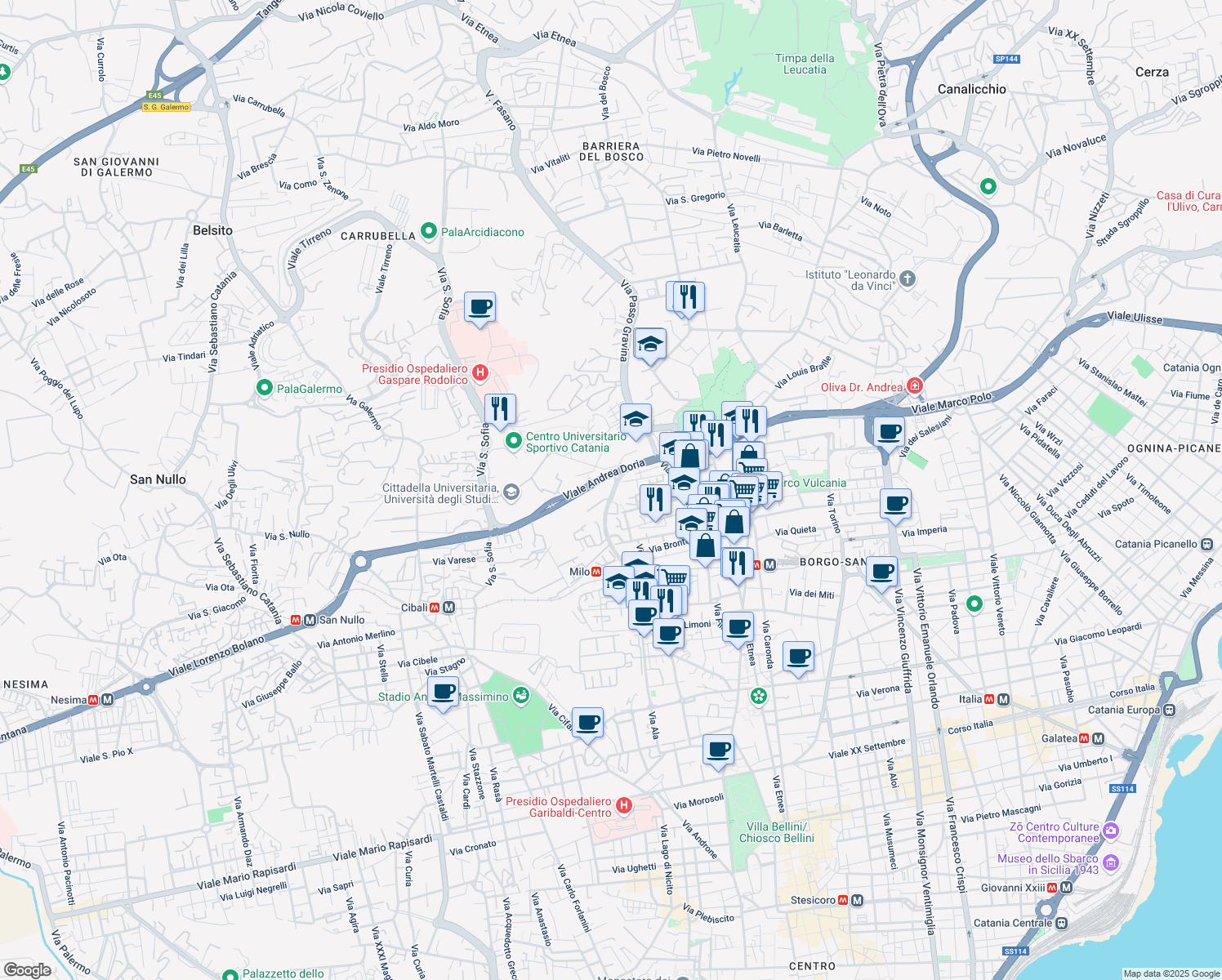 map of restaurants, bars, coffee shops, grocery stores, and more near 6 Viale Andrea Doria in Catania
