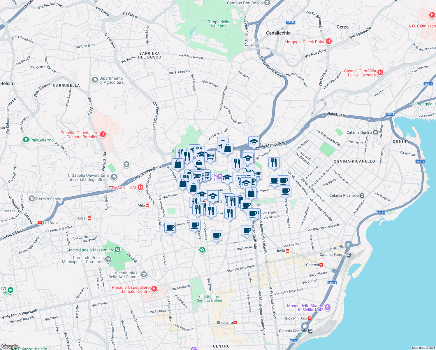 map of restaurants, bars, coffee shops, grocery stores, and more near 73A Via Torino in Catania