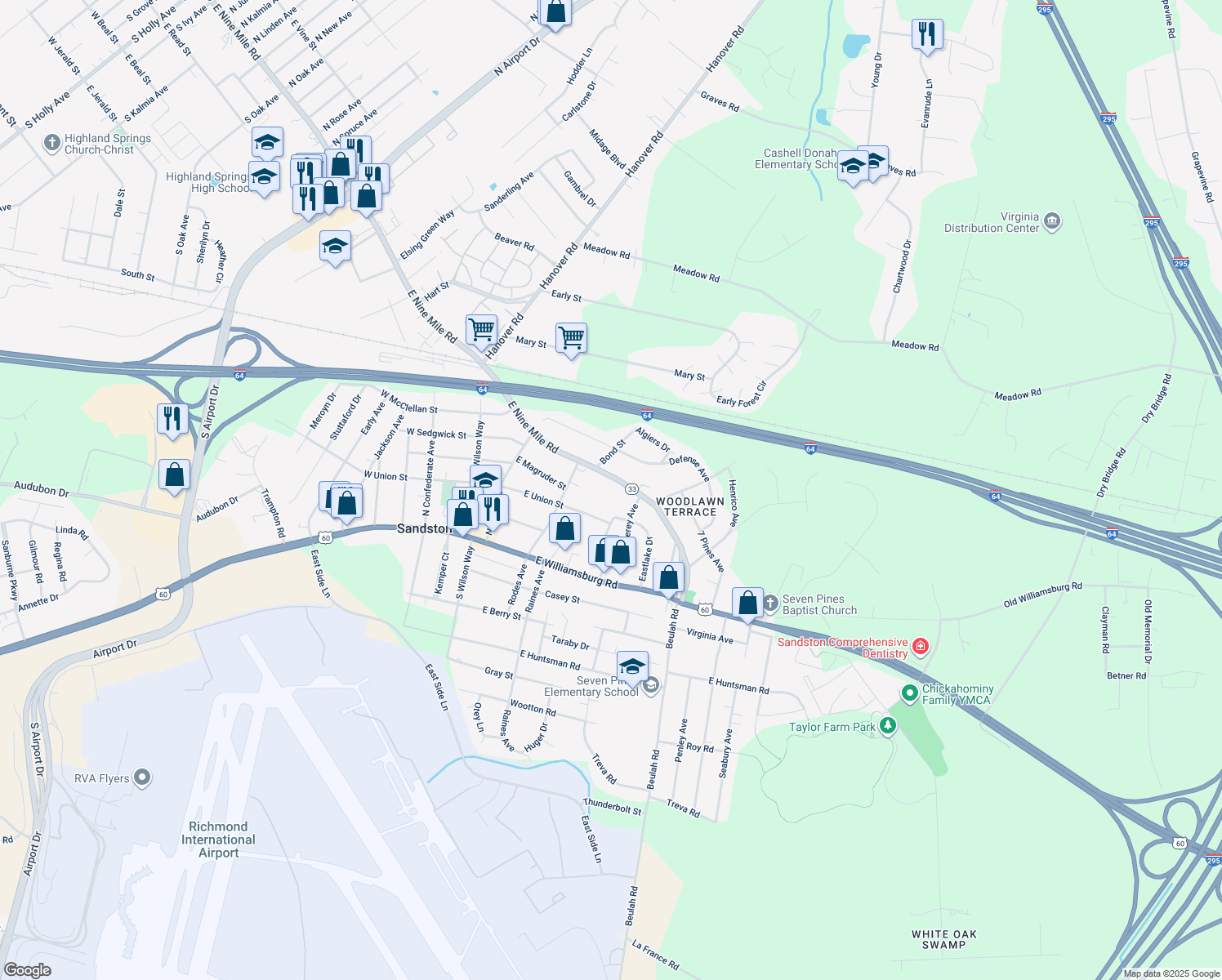 map of restaurants, bars, coffee shops, grocery stores, and more near 2117 East 9 Mile Road in Sandston