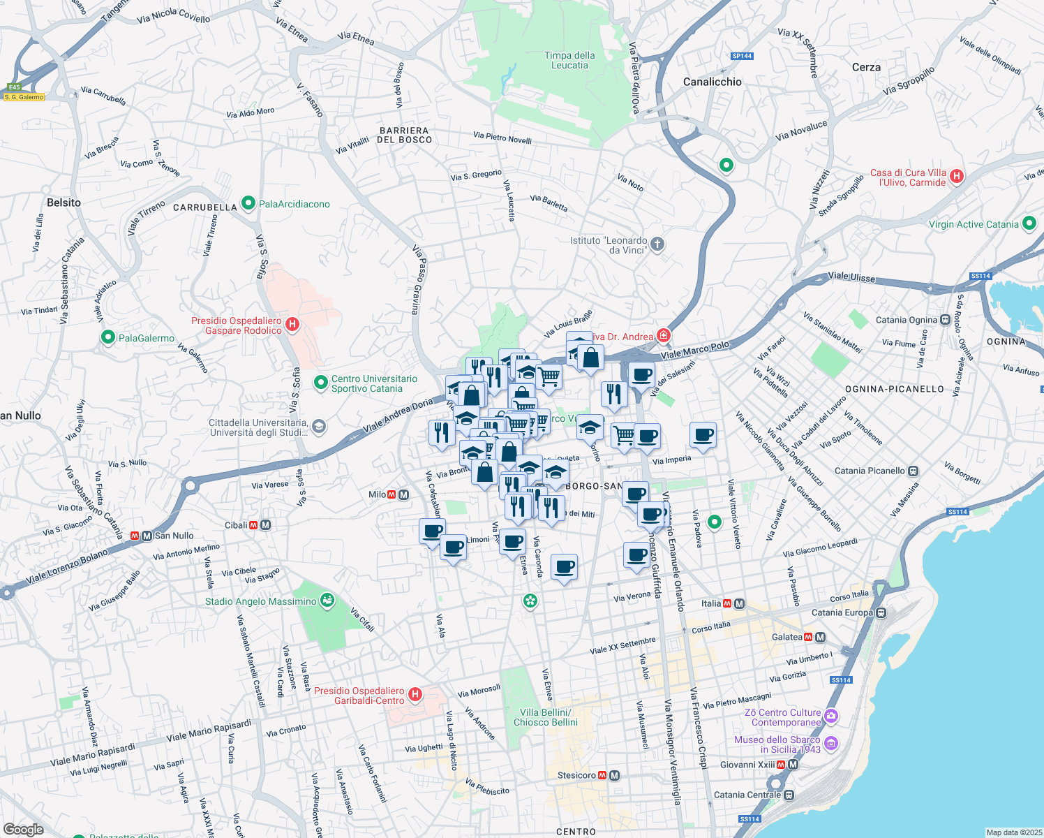 map of restaurants, bars, coffee shops, grocery stores, and more near 18 Via Grazia Deledda in Catania