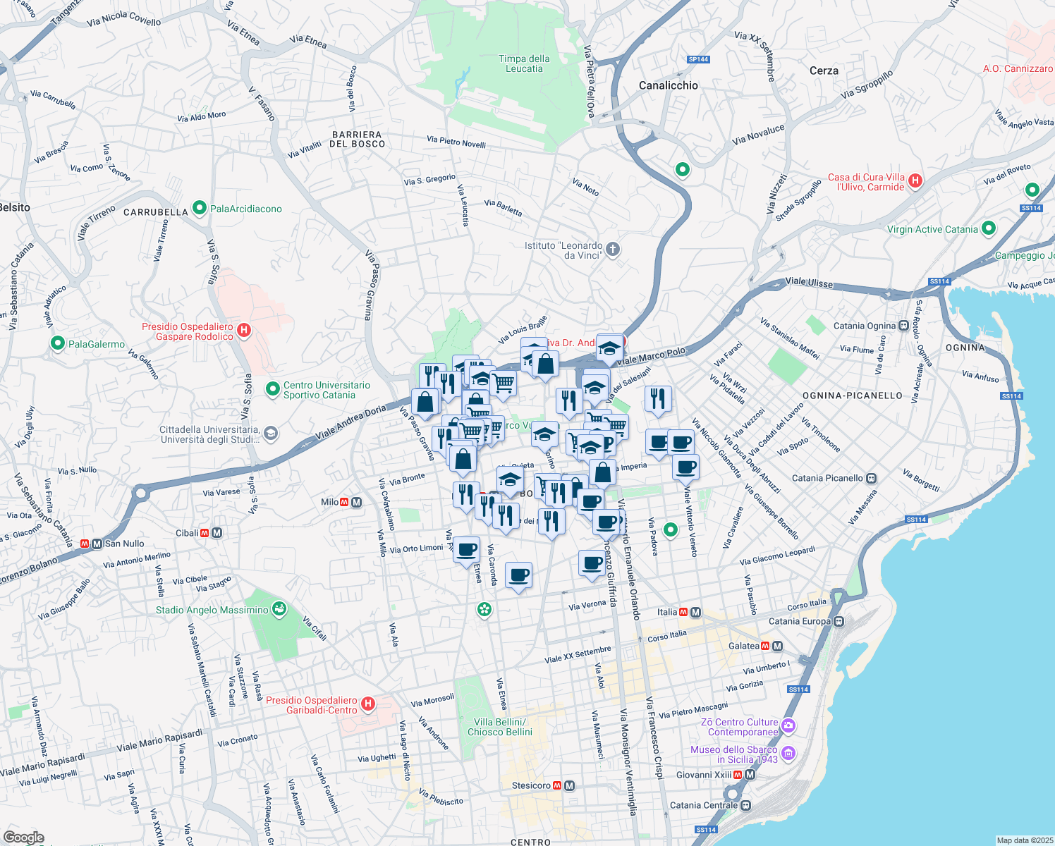map of restaurants, bars, coffee shops, grocery stores, and more near 73/a Via Torino in Catania
