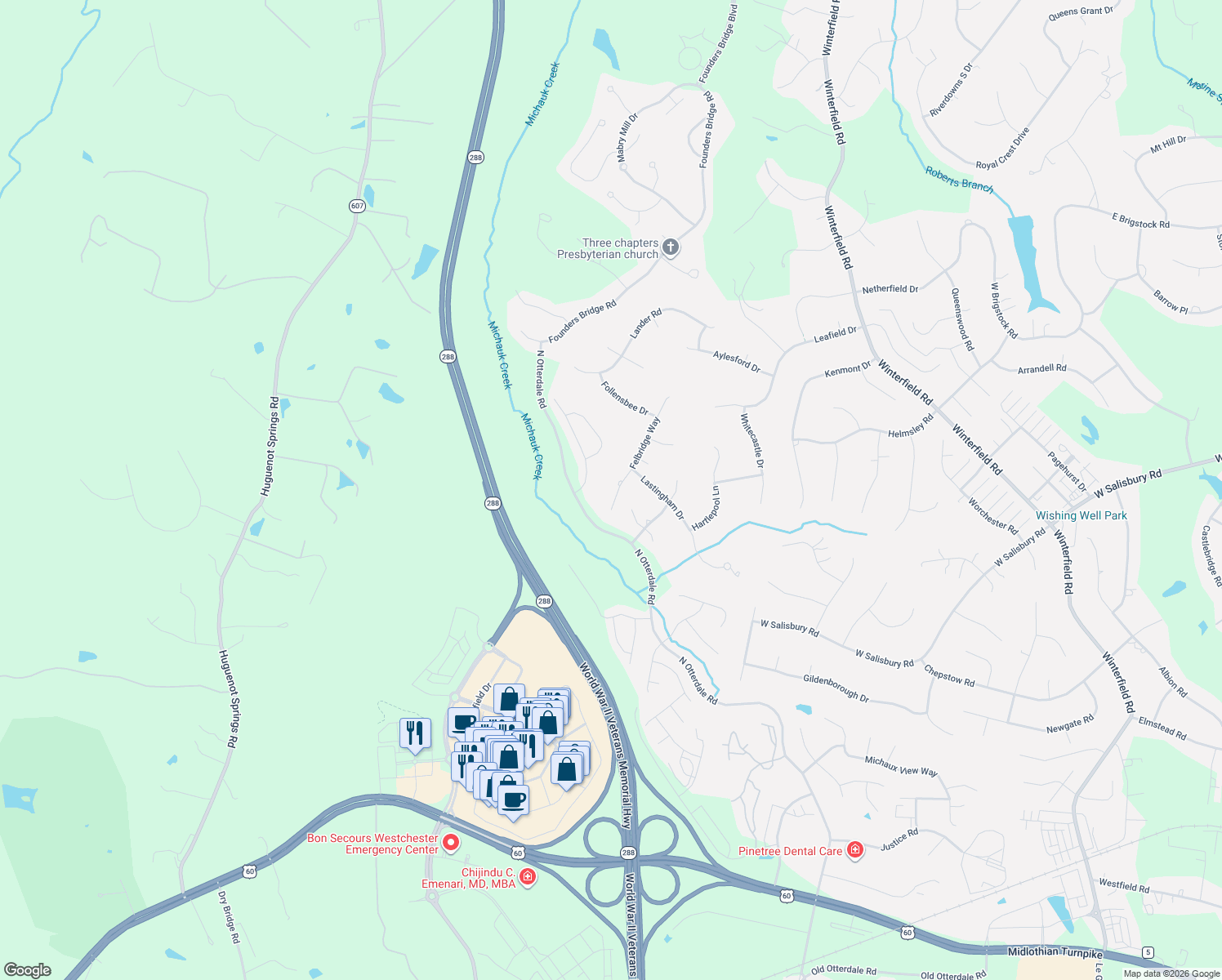map of restaurants, bars, coffee shops, grocery stores, and more near 14818 Felbridge Way in Midlothian