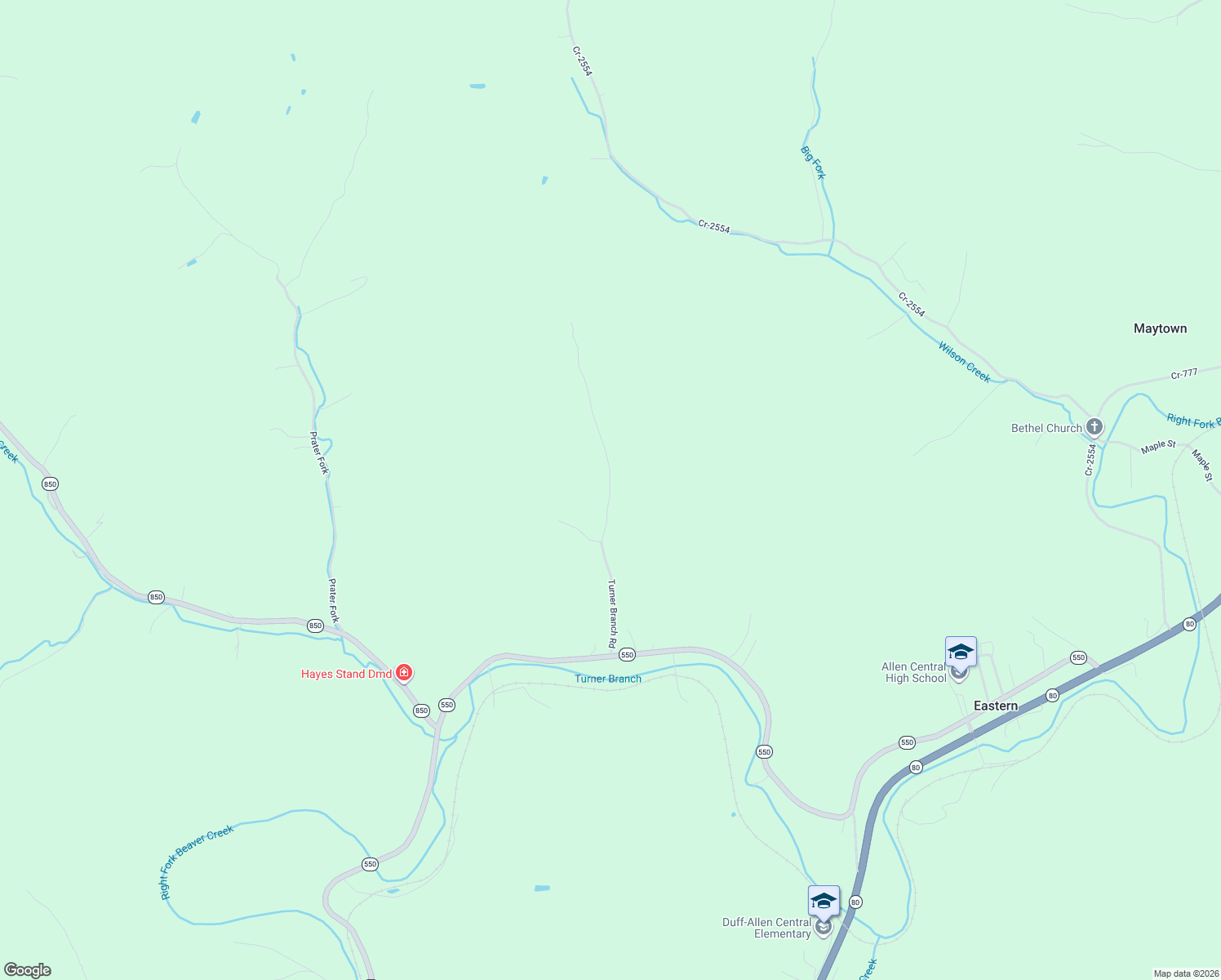 map of restaurants, bars, coffee shops, grocery stores, and more near Turner Branch Road in Eastern