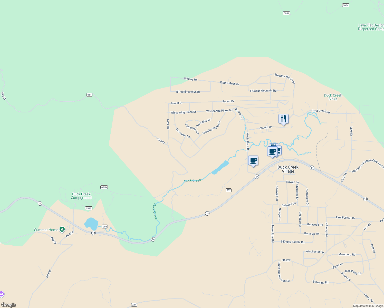 map of restaurants, bars, coffee shops, grocery stores, and more near 230 East Rim Road in Duck Creek Village