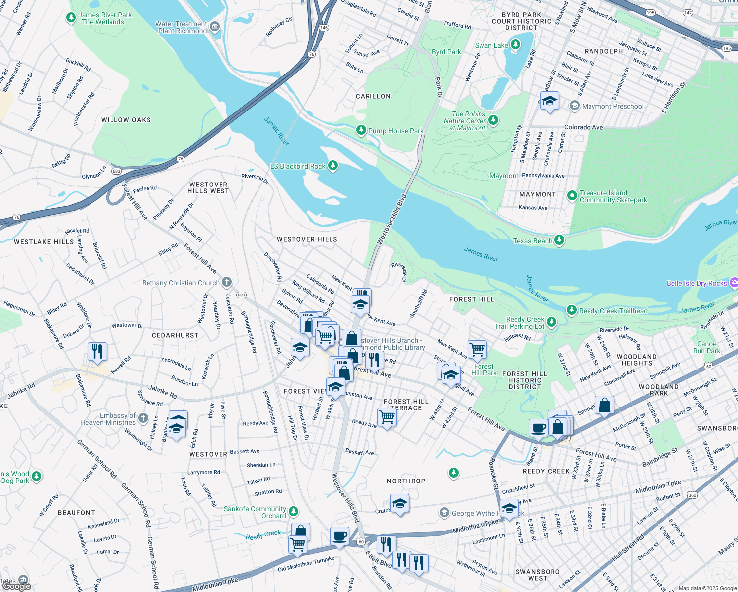 map of restaurants, bars, coffee shops, grocery stores, and more near 1901 Westover Hills Boulevard in Richmond