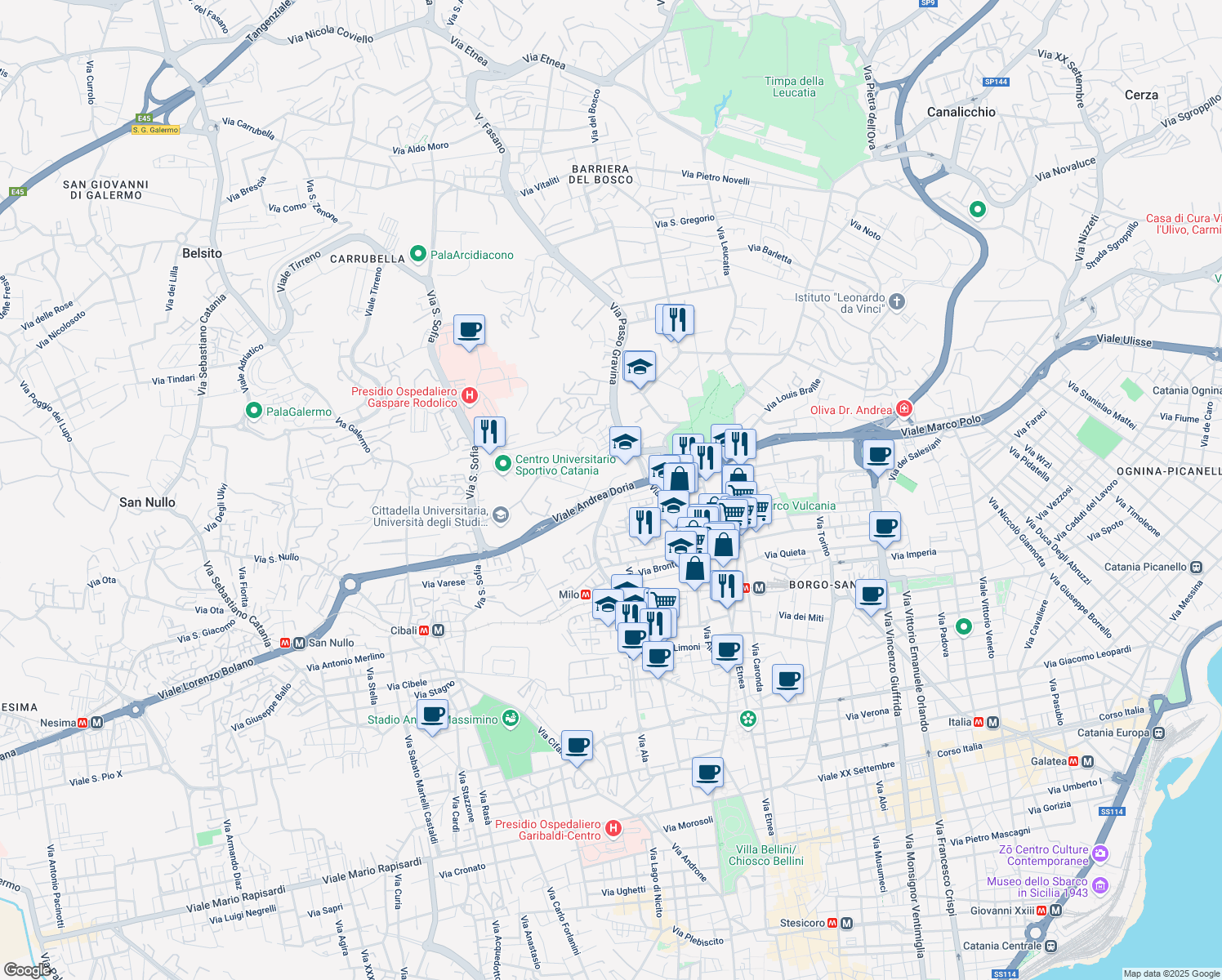 map of restaurants, bars, coffee shops, grocery stores, and more near 6 Viale Andrea Doria in Catania