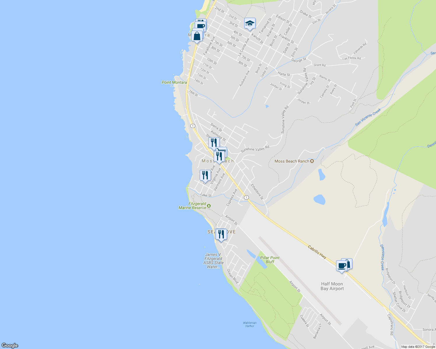 map of restaurants, bars, coffee shops, grocery stores, and more near 450 Virginia Avenue in Moss Beach