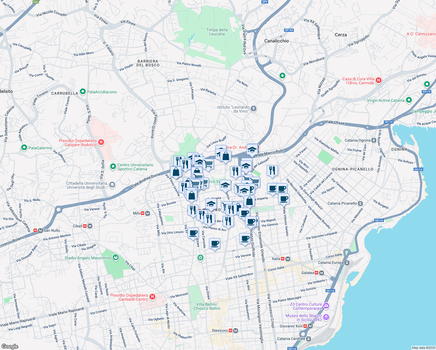 map of restaurants, bars, coffee shops, grocery stores, and more near 73A Via Torino in Catania
