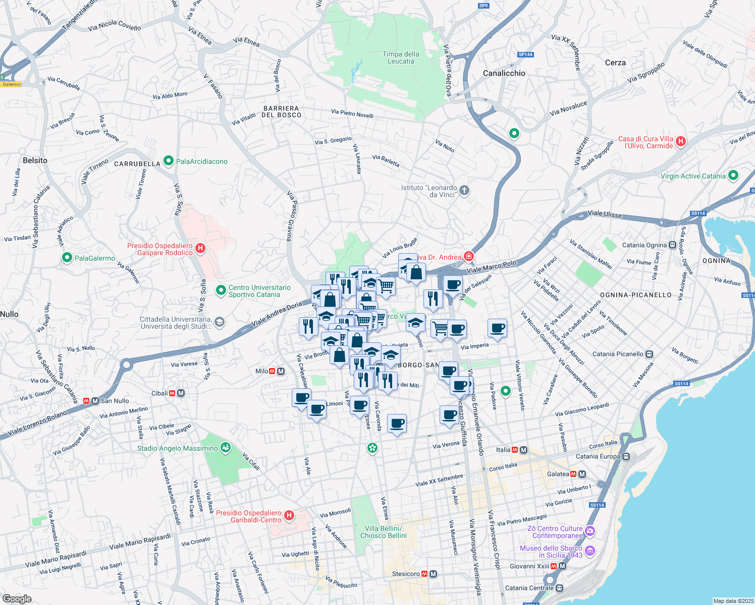 map of restaurants, bars, coffee shops, grocery stores, and more near 4-18 Via Grazia Deledda in Catania