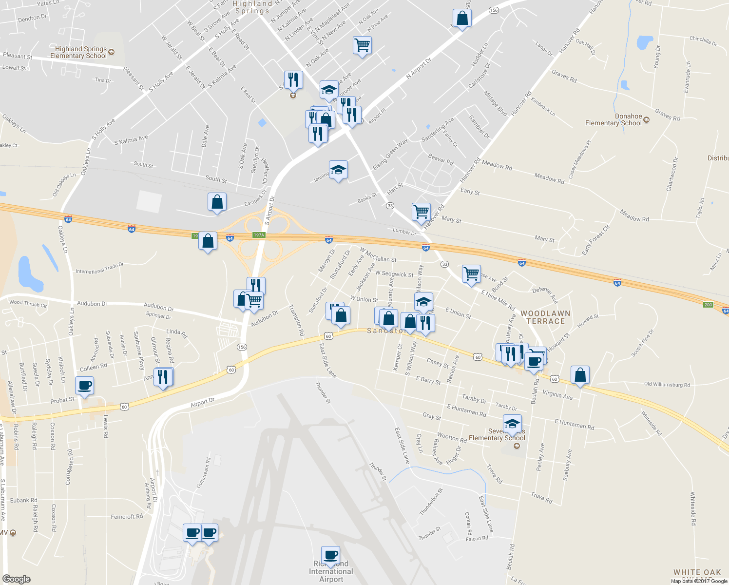 map of restaurants, bars, coffee shops, grocery stores, and more near 202 Carter Avenue in Sandston
