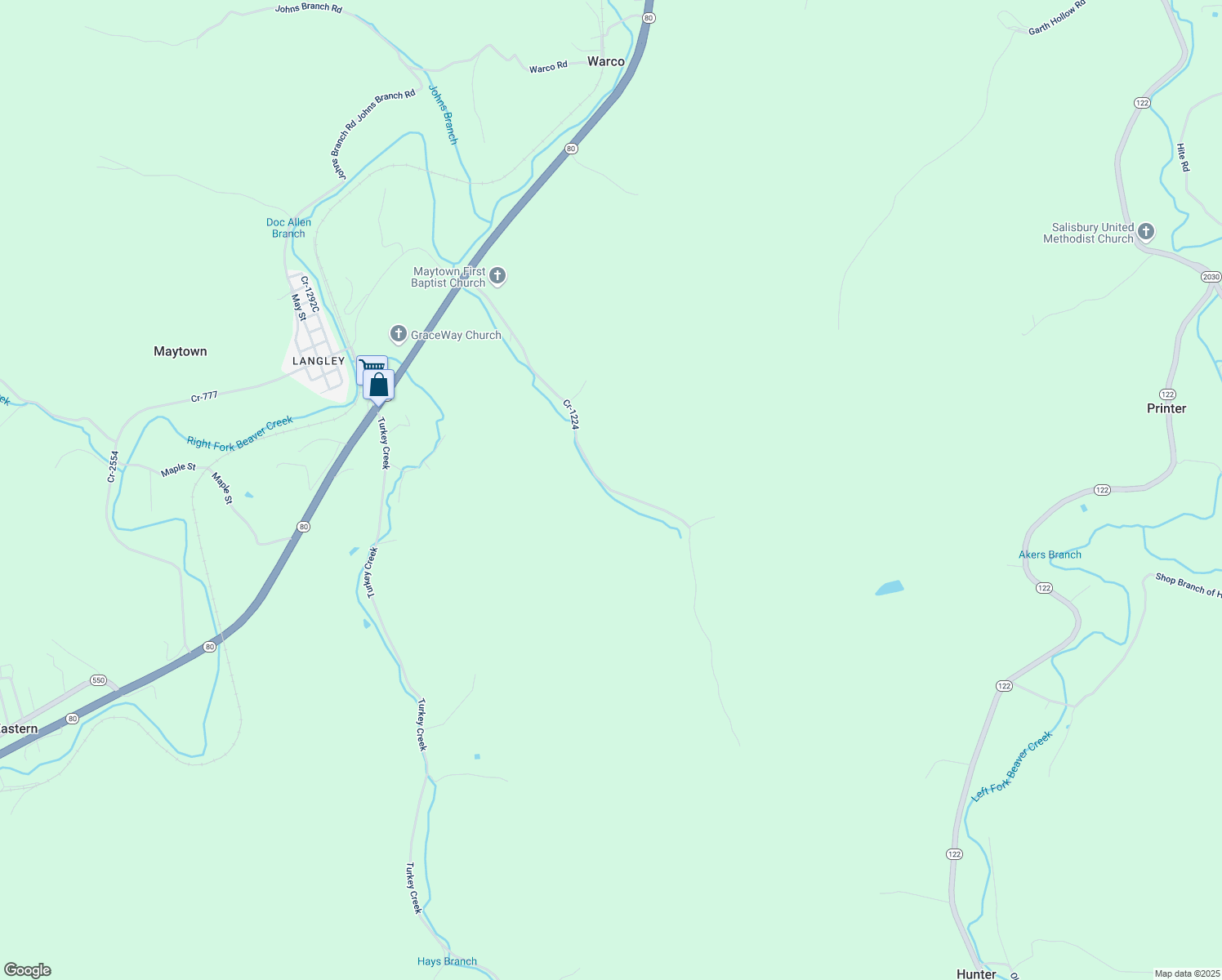 map of restaurants, bars, coffee shops, grocery stores, and more near Cr-1224 in Langley