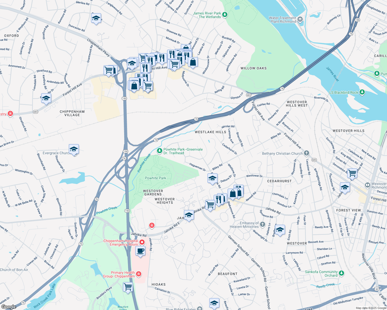 map of restaurants, bars, coffee shops, grocery stores, and more near 6536 W Junaluska Dr in Richmond