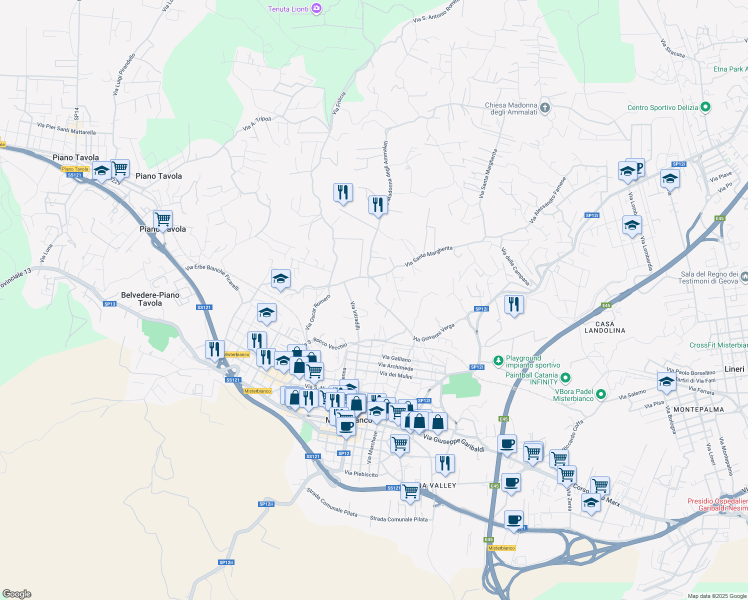 map of restaurants, bars, coffee shops, grocery stores, and more near 93A Via Madonna degli Ammalati in Città metropolitana di Catania
