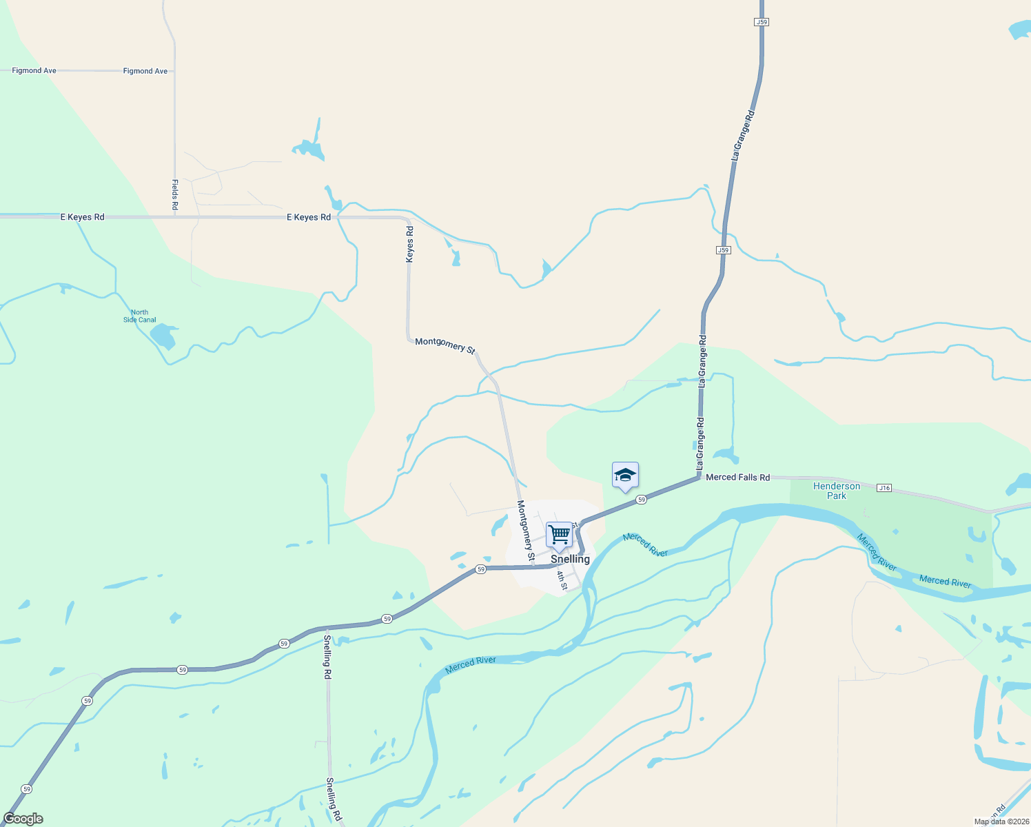 map of restaurants, bars, coffee shops, grocery stores, and more near 16386 Montgomery Street in Snelling