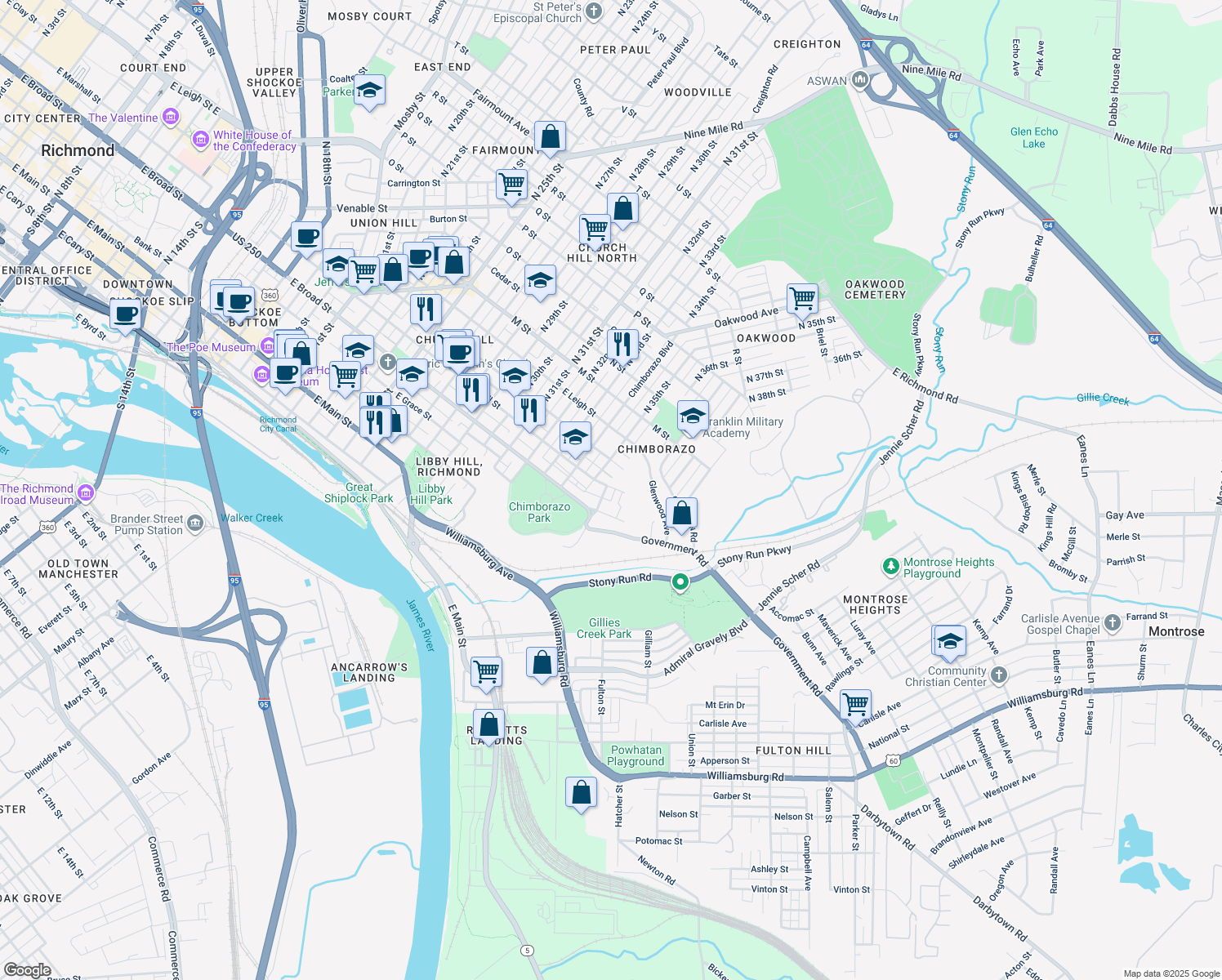 map of restaurants, bars, coffee shops, grocery stores, and more near 323 North 36th Street in Richmond