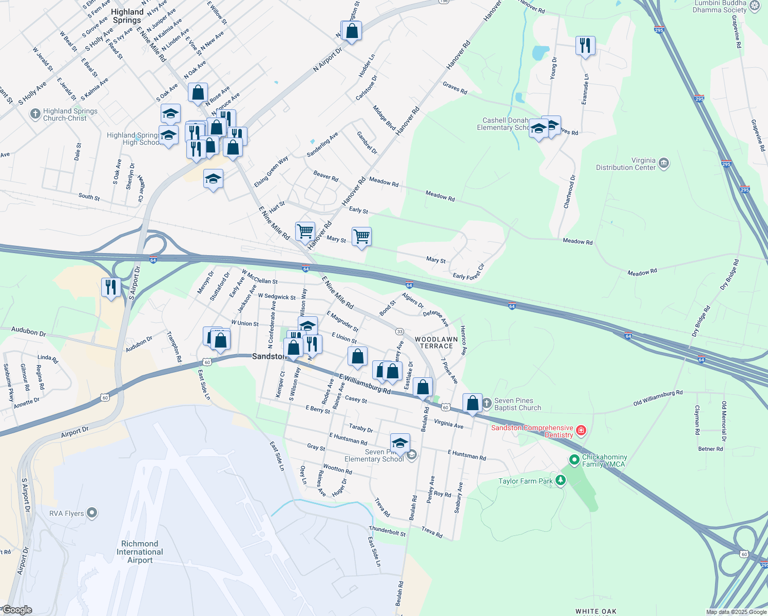 map of restaurants, bars, coffee shops, grocery stores, and more near 119 Defense Avenue in Sandston