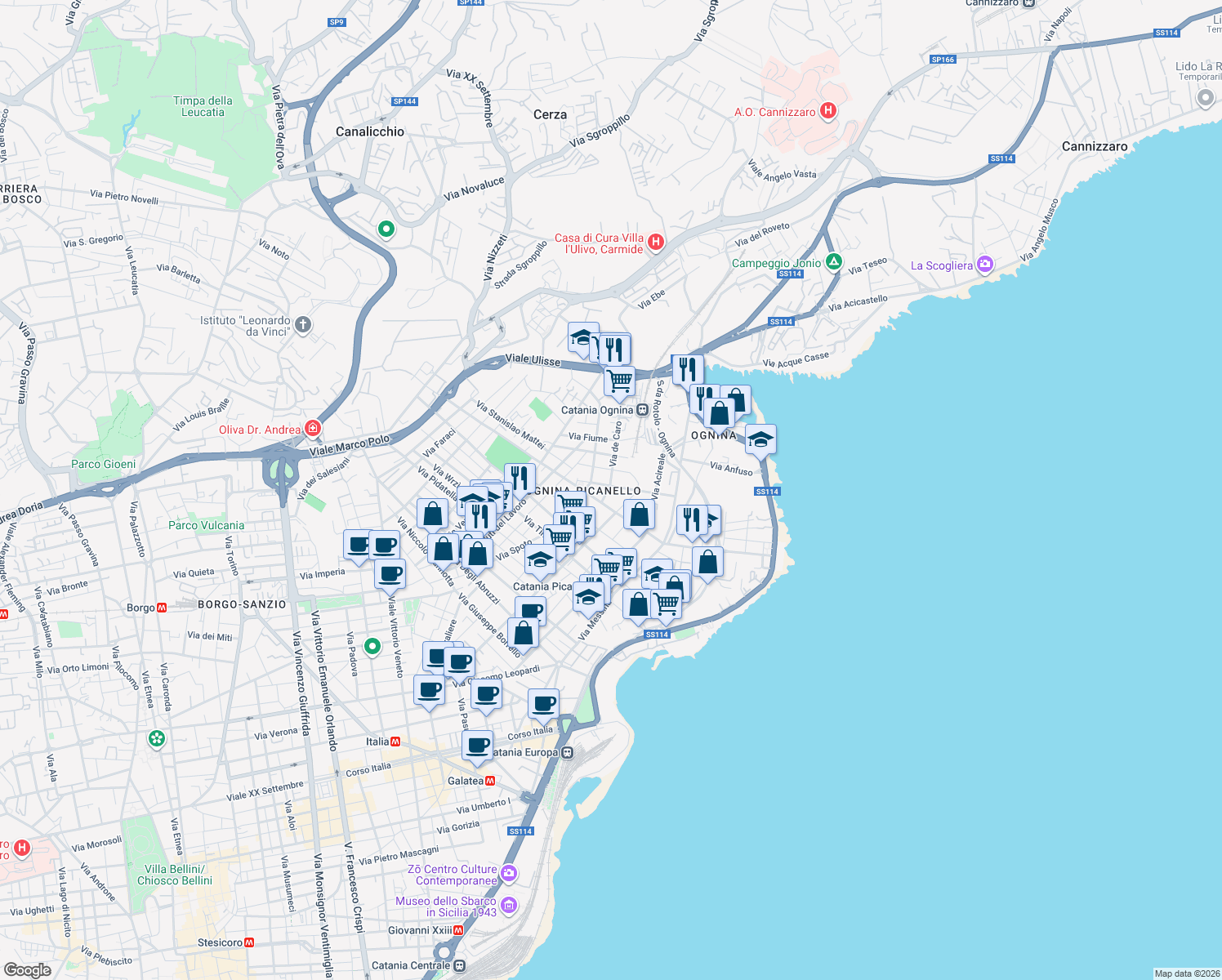 map of restaurants, bars, coffee shops, grocery stores, and more near 28a Via de Caro in Catania