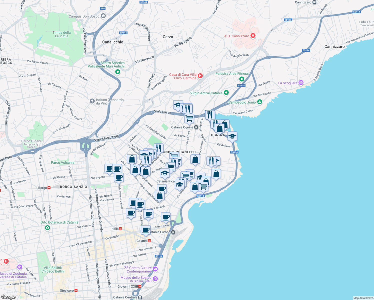 map of restaurants, bars, coffee shops, grocery stores, and more near 28a Via de Caro in Catania