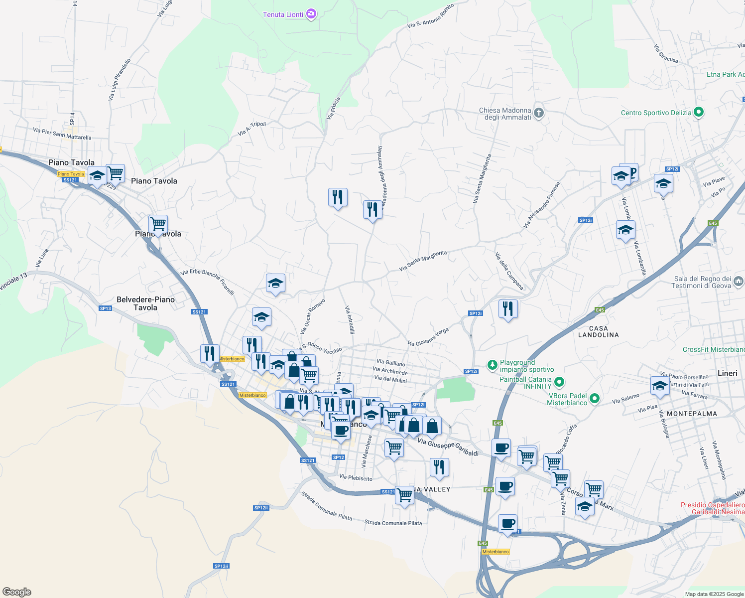 map of restaurants, bars, coffee shops, grocery stores, and more near 93A Via Madonna degli Ammalati in Città metropolitana di Catania