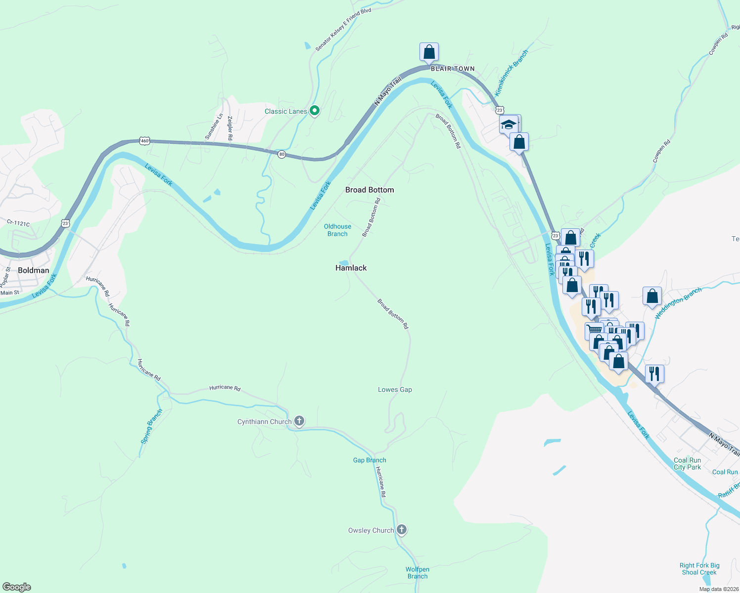 map of restaurants, bars, coffee shops, grocery stores, and more near Broadbottom Road in Pikeville