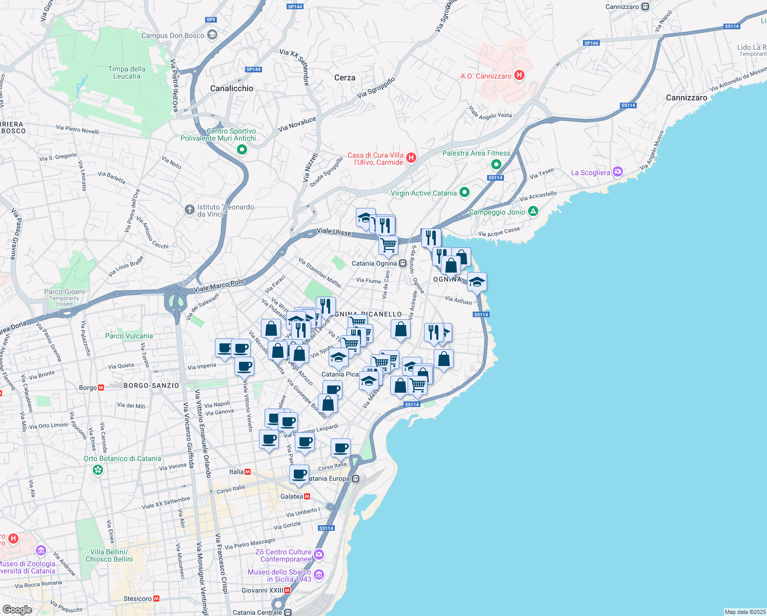 map of restaurants, bars, coffee shops, grocery stores, and more near 28a Via de Caro in Catania