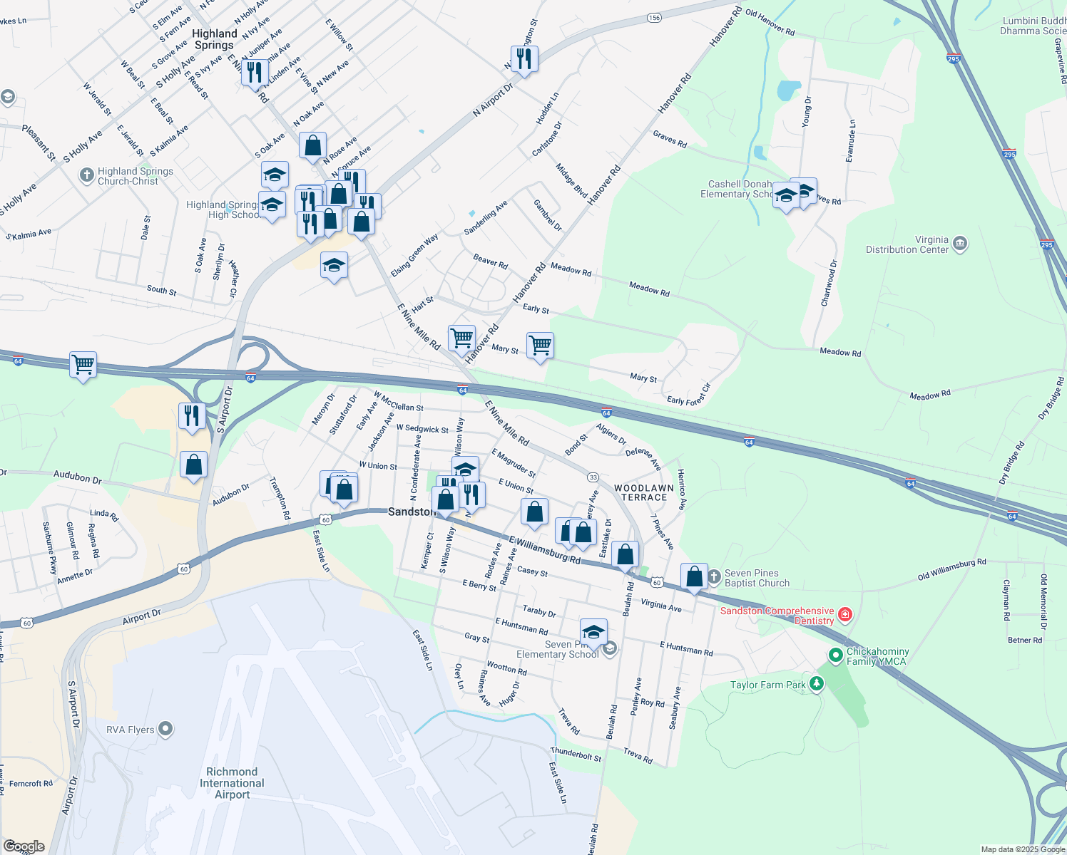 map of restaurants, bars, coffee shops, grocery stores, and more near 97 Defense Avenue in Sandston