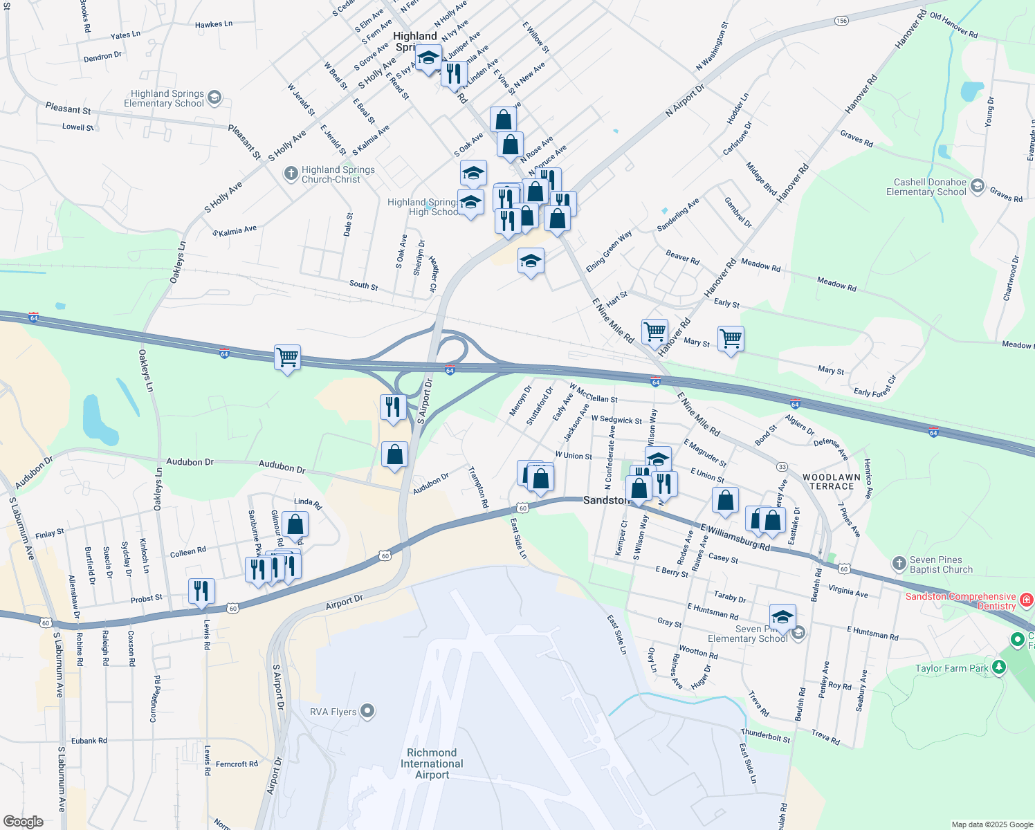 map of restaurants, bars, coffee shops, grocery stores, and more near 204 Meroyn Drive in Sandston