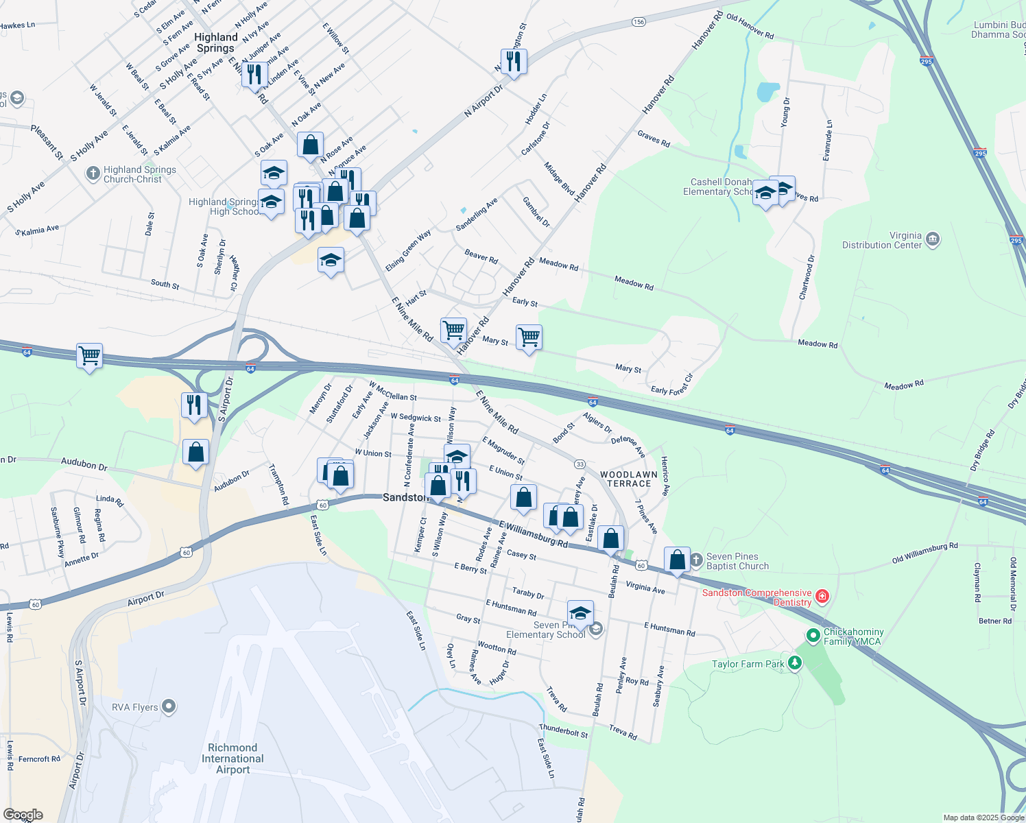 map of restaurants, bars, coffee shops, grocery stores, and more near 91 Defense Avenue in Sandston