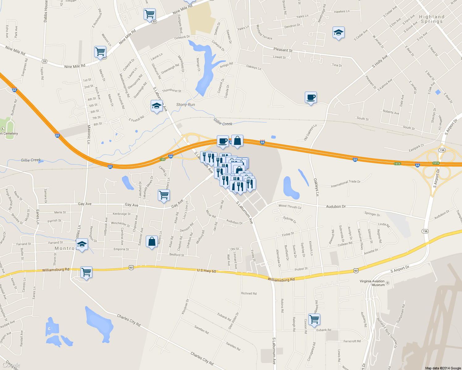 map of restaurants, bars, coffee shops, grocery stores, and more near 4443 South Laburnum Avenue in Richmond