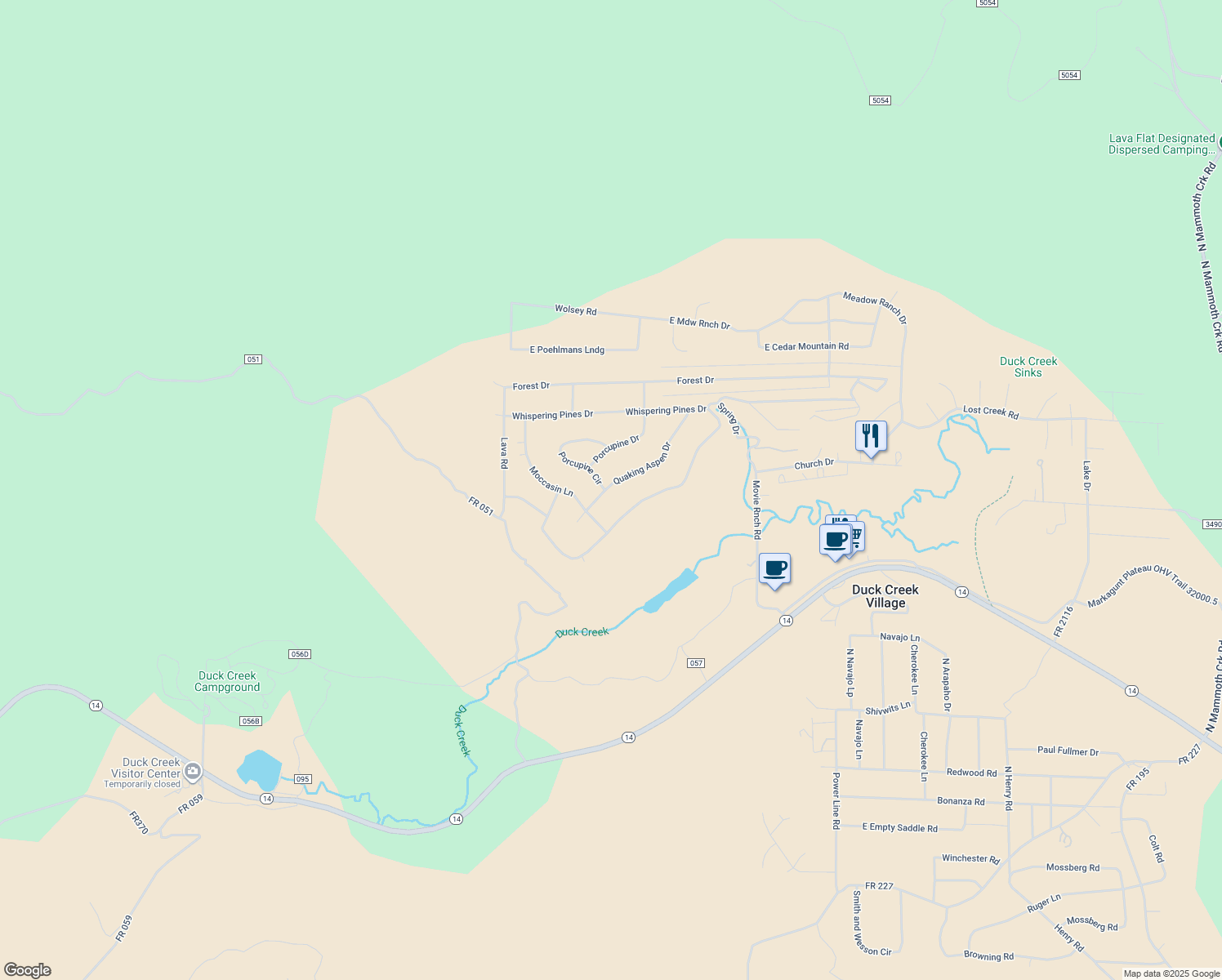 map of restaurants, bars, coffee shops, grocery stores, and more near 305 Quaking Aspen Drive in Duck Creek Village