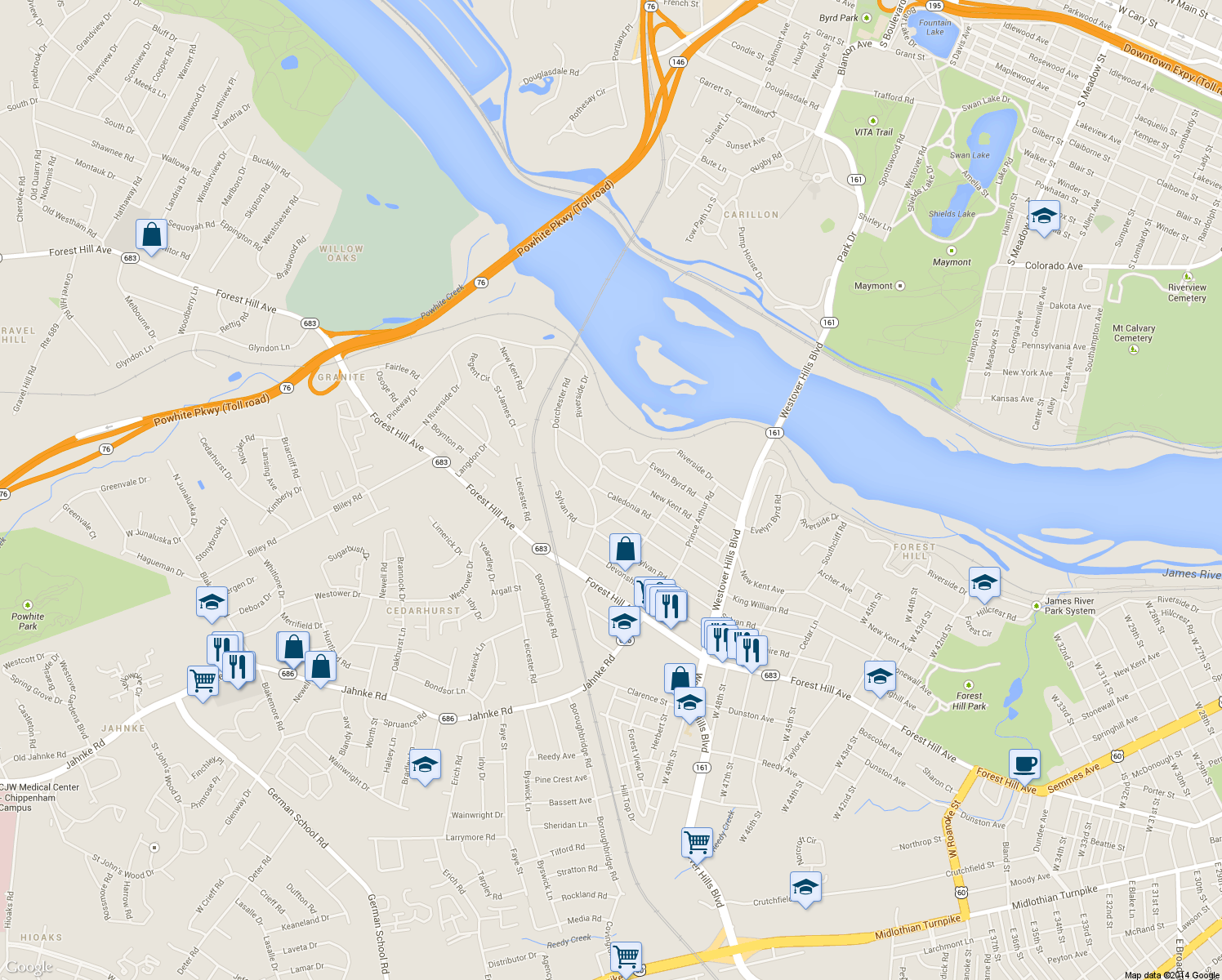 map of restaurants, bars, coffee shops, grocery stores, and more near 5309 Caledonia Road in Richmond