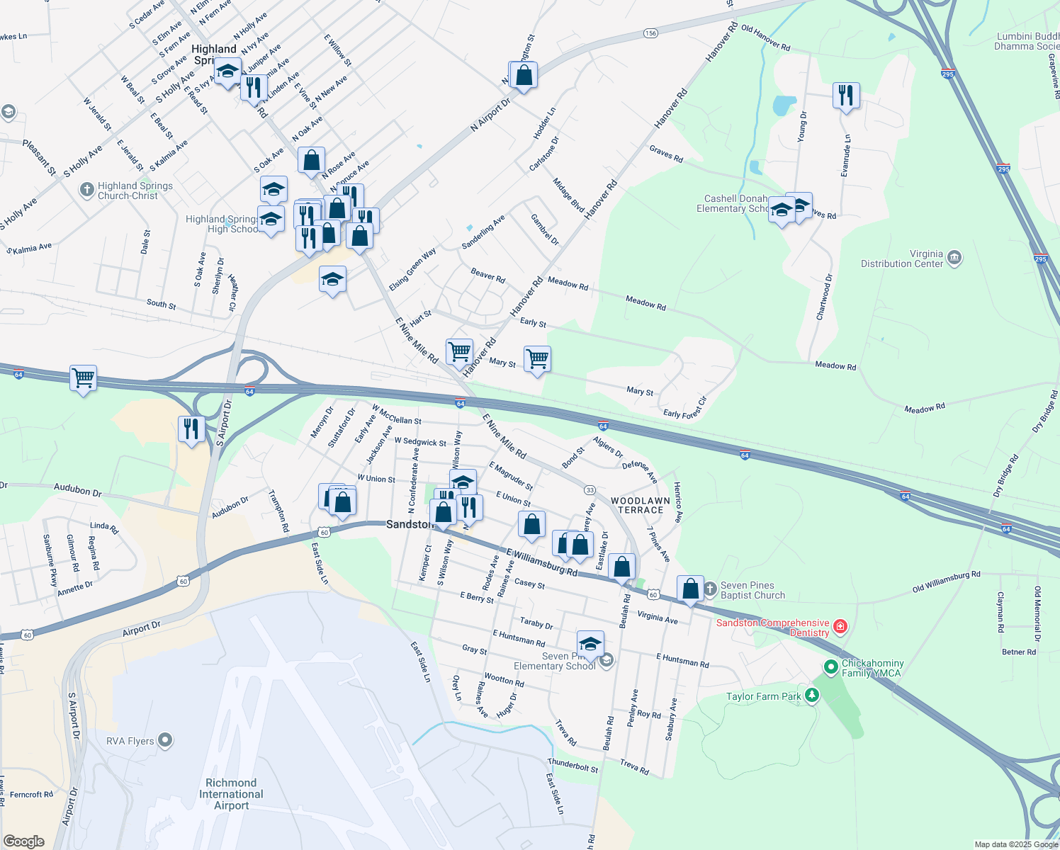 map of restaurants, bars, coffee shops, grocery stores, and more near 90 Defense Ave in Sandston