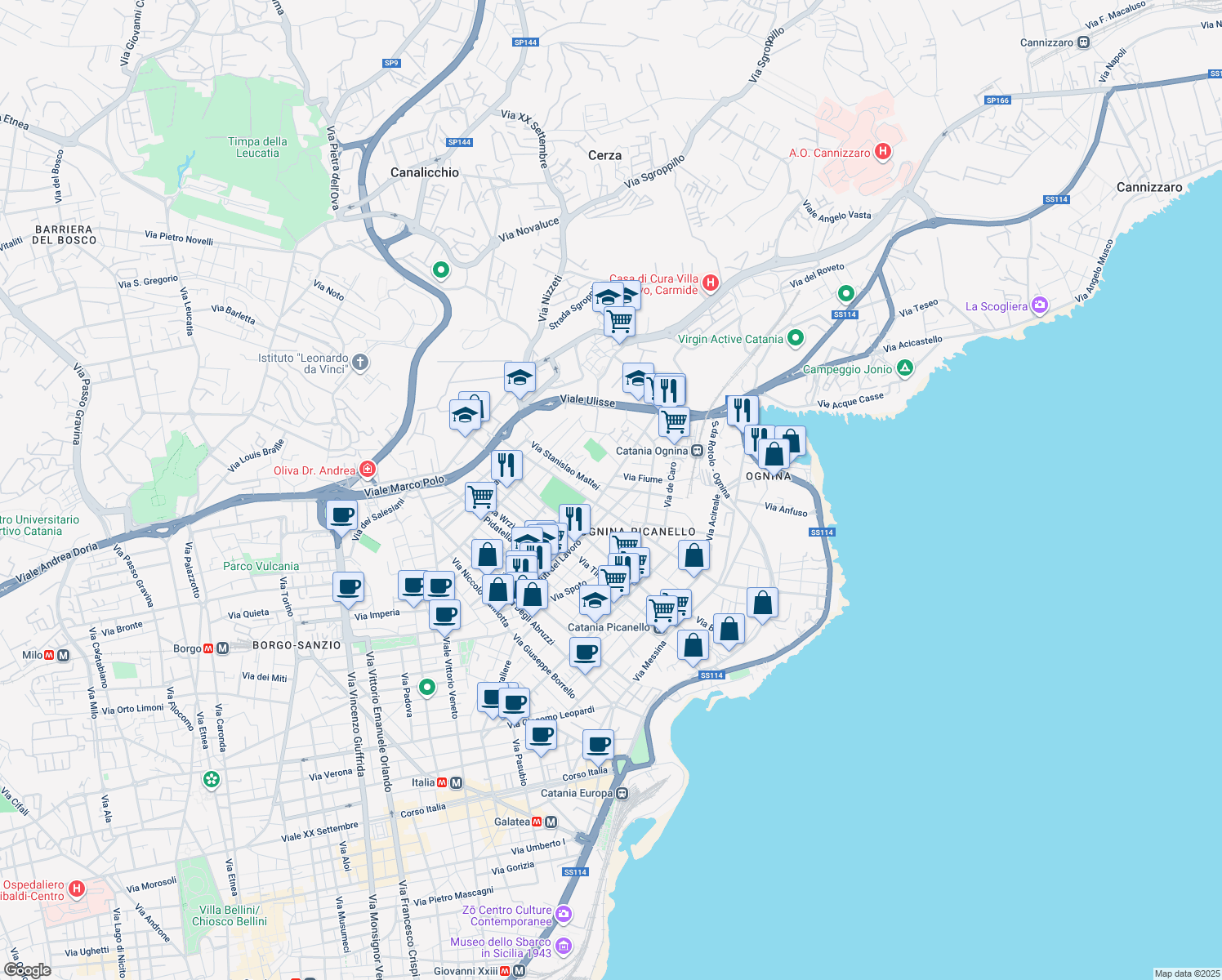 map of restaurants, bars, coffee shops, grocery stores, and more near 88 Via Giovanni Prati in Catania