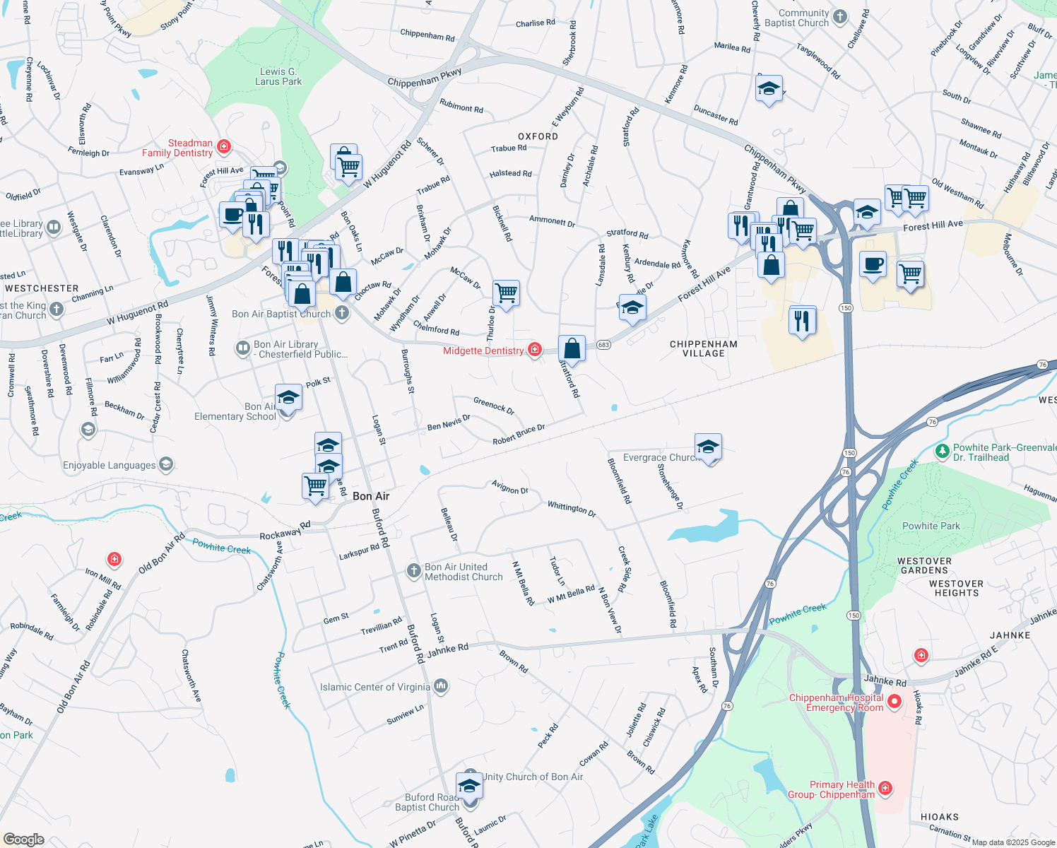 map of restaurants, bars, coffee shops, grocery stores, and more near 8204 Greenock Drive in Richmond