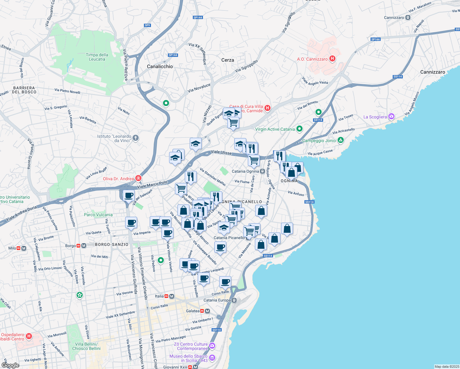 map of restaurants, bars, coffee shops, grocery stores, and more near 88 Via Giovanni Prati in Catania