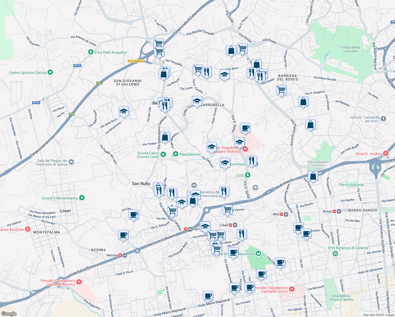 map of restaurants, bars, coffee shops, grocery stores, and more near 17 Via Fratelli Gualandi in Catania