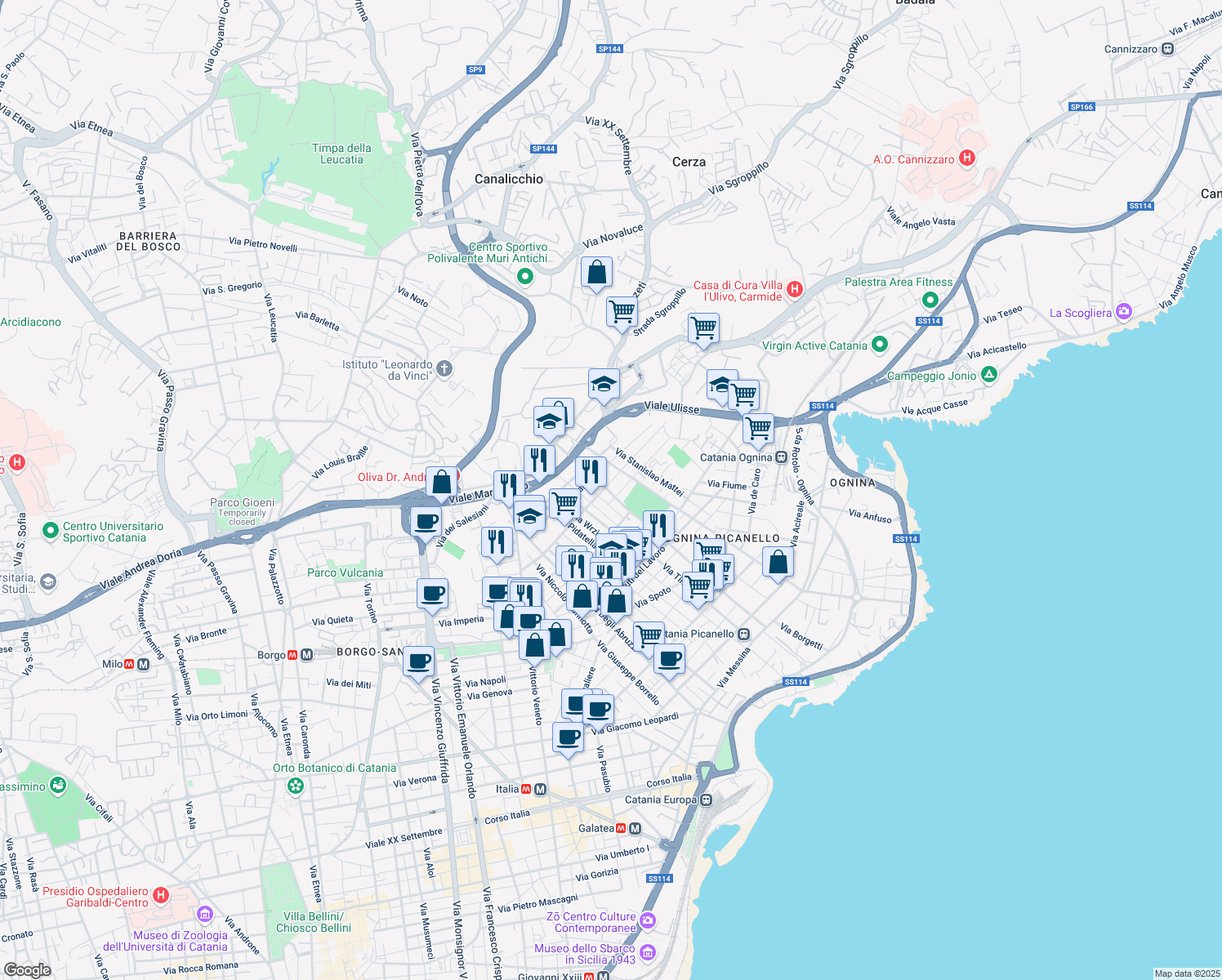 map of restaurants, bars, coffee shops, grocery stores, and more near 20 Via Antonio Cagnoni in Catania