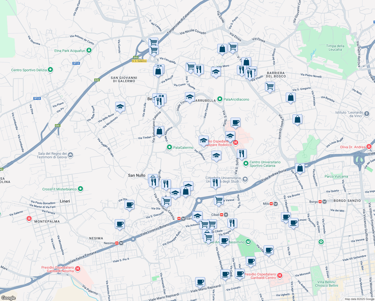 map of restaurants, bars, coffee shops, grocery stores, and more near 17 Via Fratelli Gualandi in Catania