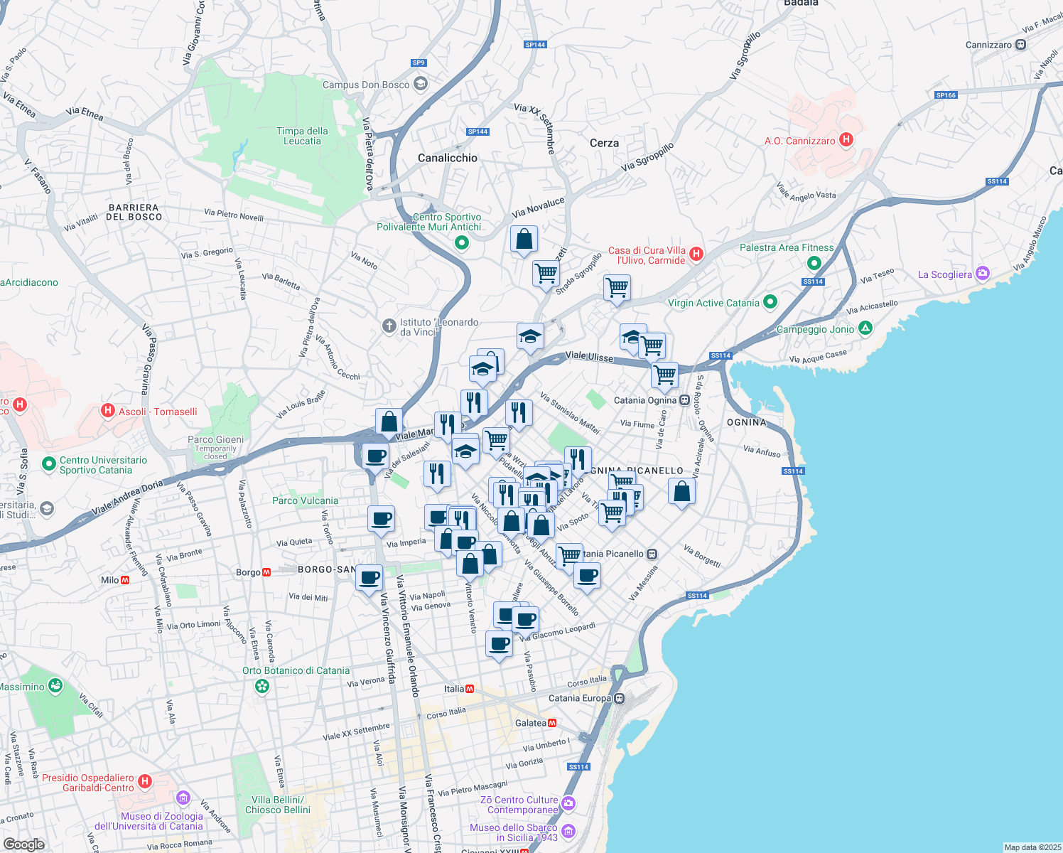 map of restaurants, bars, coffee shops, grocery stores, and more near 20 Via Antonio Cagnoni in Catania