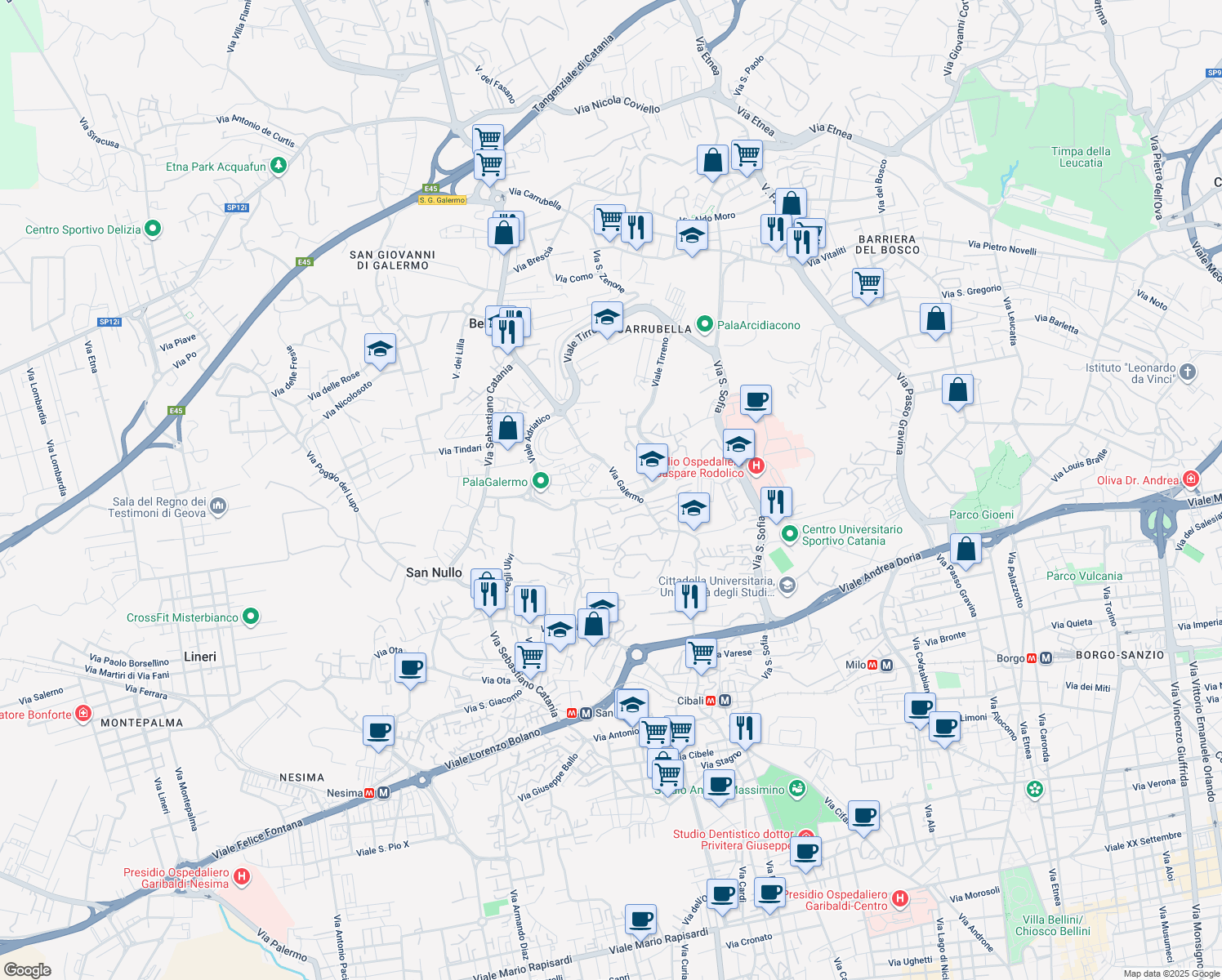 map of restaurants, bars, coffee shops, grocery stores, and more near 17 Via Fratelli Gualandi in Catania