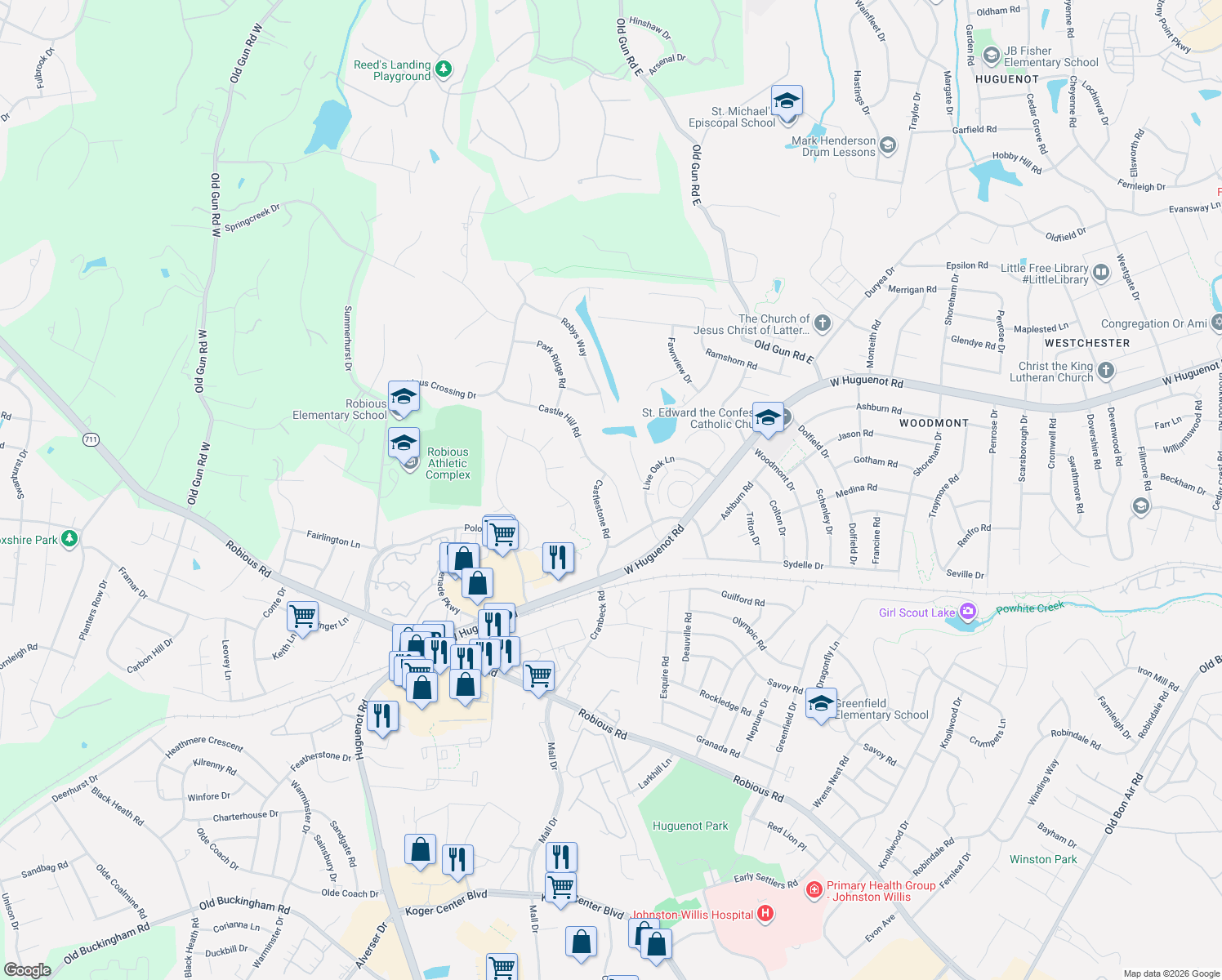 map of restaurants, bars, coffee shops, grocery stores, and more near 2340 Castle Hill Road in Midlothian