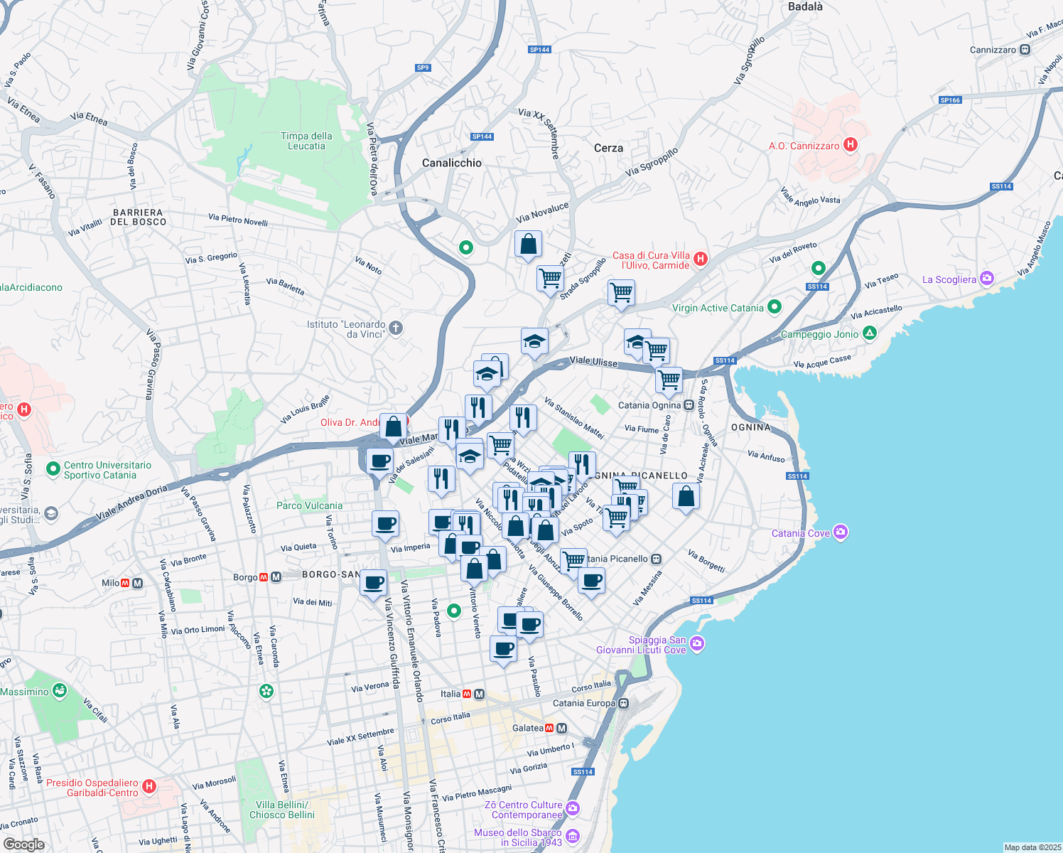 map of restaurants, bars, coffee shops, grocery stores, and more near 20 Via Antonio Cagnoni in Catania